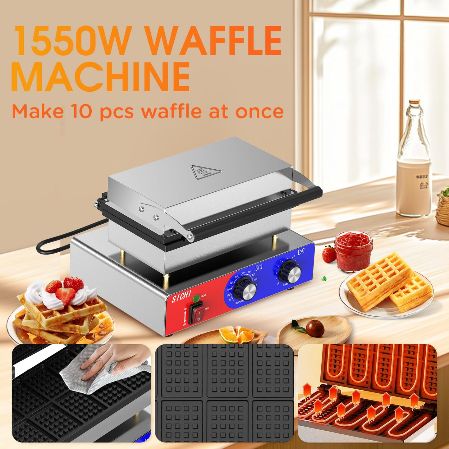 HTTSICHI Square Waffle Maker - Commercial Waffle Iron w/Non-stick Baking Pans, 550 ℉ Temperature and Timers, 1550W Hotel Waffle Machine for Double Baking, Professional Stainless Steel Waffle Maker
