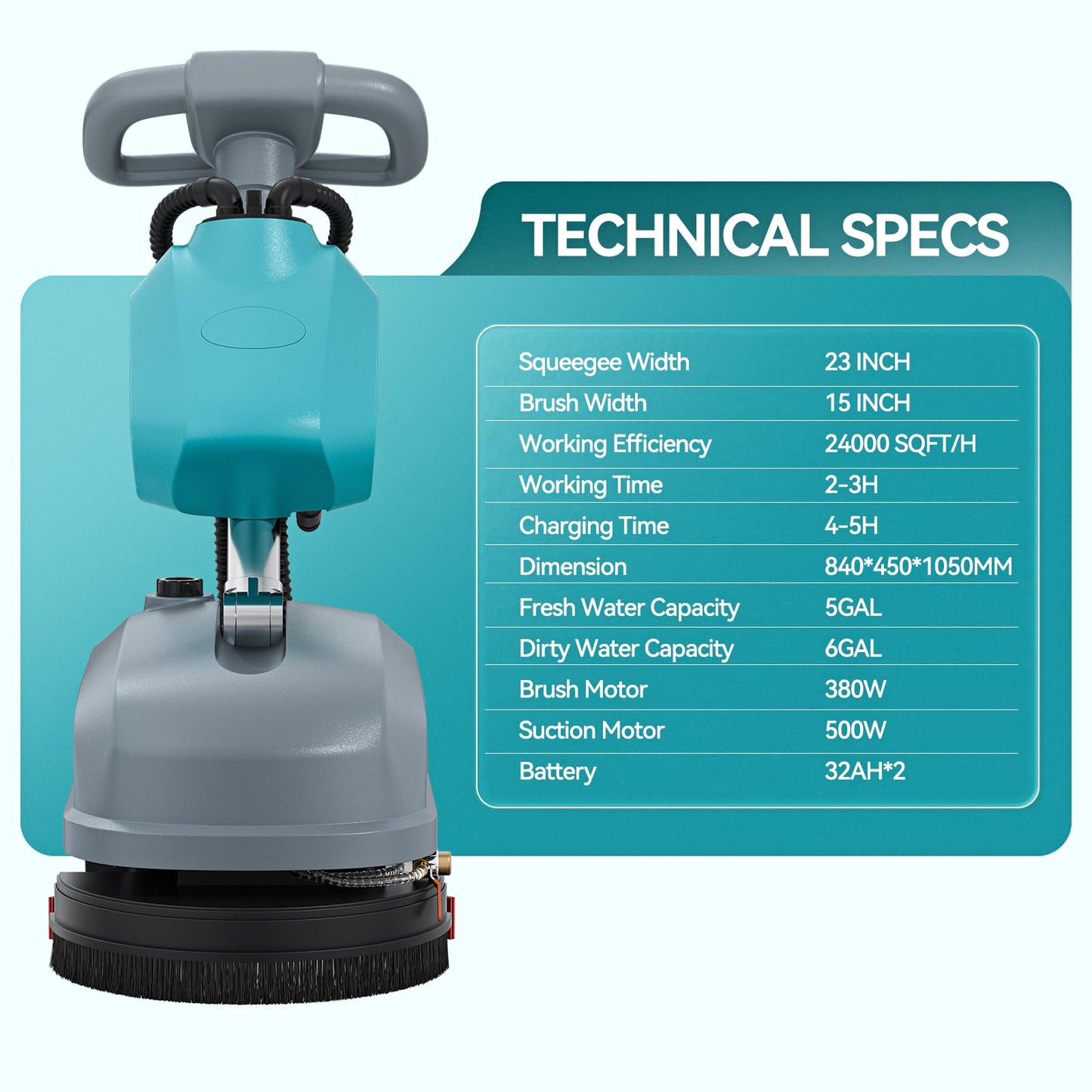 KARHDIR 15" Walk Behind Floor Scrubber Machine, 23" Squeegee, 6 Gal Dirty Water Tank Capacity, Floor Scrubber with Brushes, Hard Floor Scrubbers for Office Cafe Boutique Clinic Commercial Tight Space