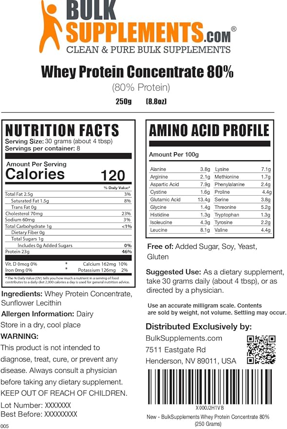 BulkSupplements.com Whey Protein Concentrate Powder - Whey Protein Powder Supplement, Unsweetened, Unflavored & Gluten Free, 30g per Serving, 250g (8.8 oz) (Pack of 1)