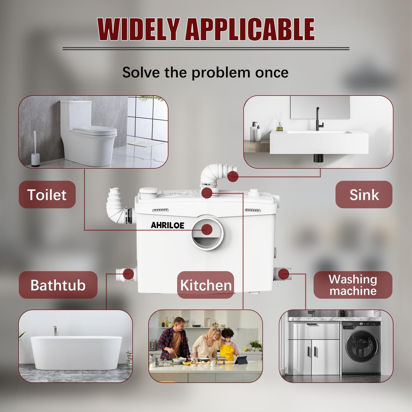 1875W Macerator Pump, 2.5HP Macerating Toilet System with 2 Outlets/4 Inlets, Sewage Pump for Basement, Sink, Toilet, Laundry, Kitchen