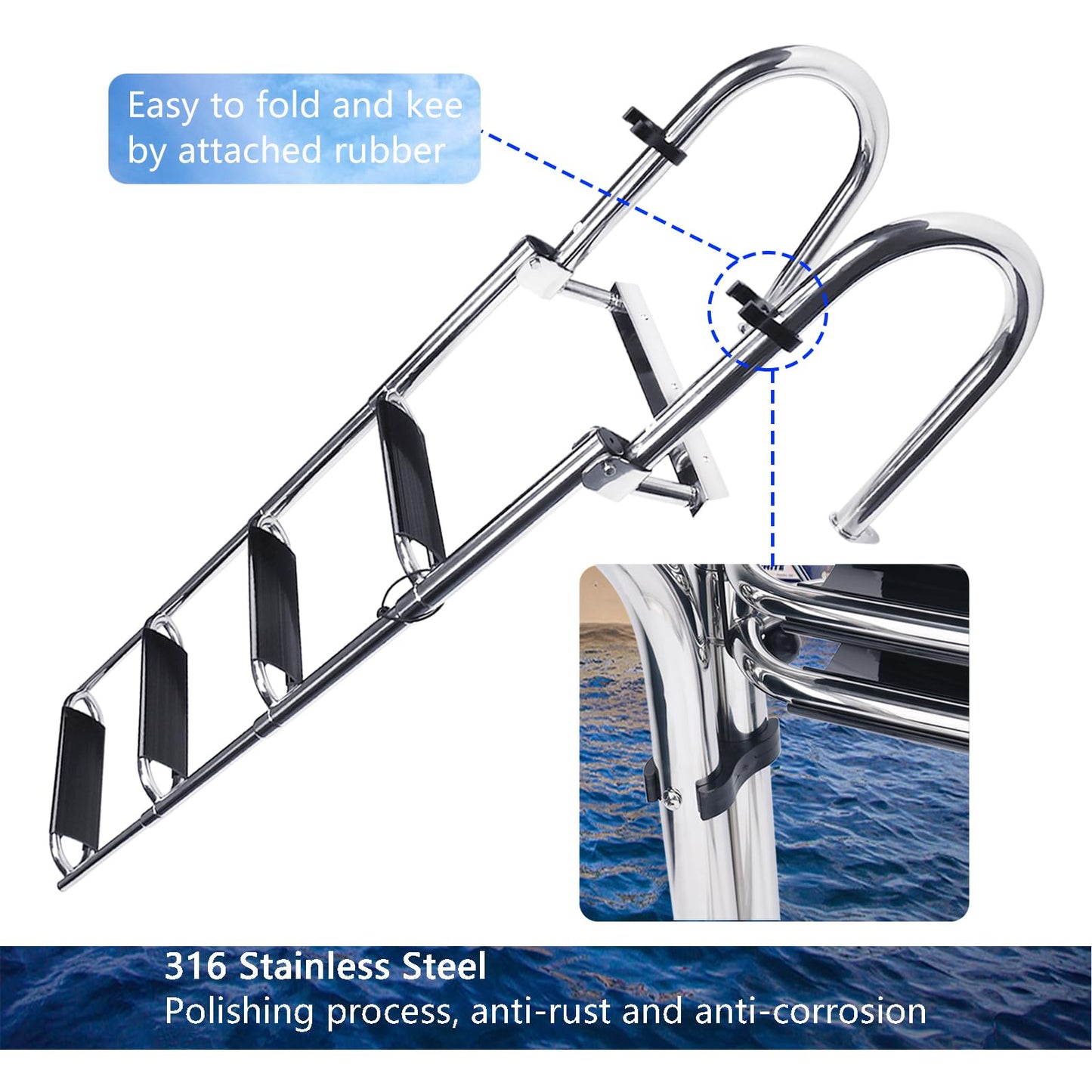 Heavy Duty Pontoon Boat Ladder, 316 Stainless Steel 4 Step Telescoping Folding Rear Entry Inboard Ladder All Welded Reinforce Dock Swim Deck Ladder with Wide Steps Strong Handrails