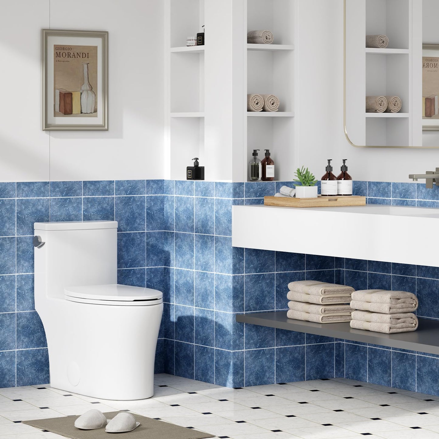 Toilet White One-Piece, Water Efficient Single Flush 3/4.8L, Soft-Close Seat, Side Push Handle, Quick Install, Modern Home Bathroom Toilet, Comfortable Elongated Bowl, Low Consumption, Easy Cleaning