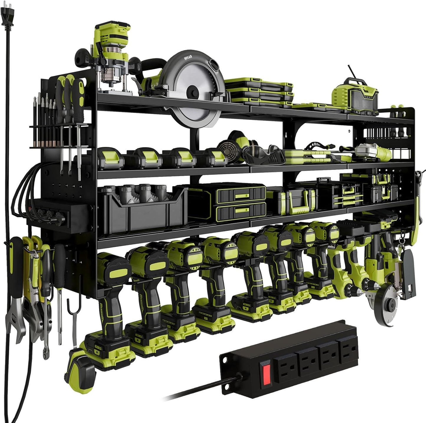 Skiennix Cordless Drill Holder - Heavy-Duty 4-Tier Tool Organizer with Pegboard & Power Strip | Wall Mount