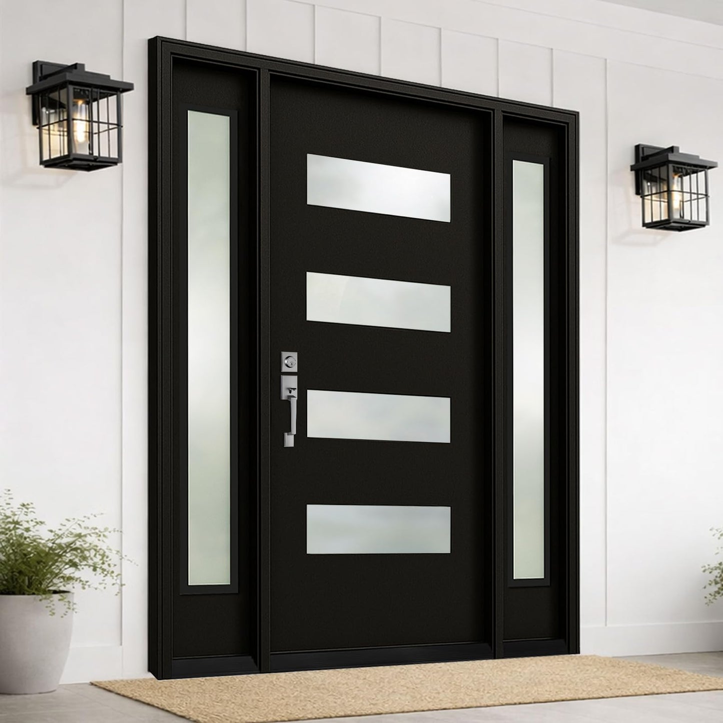 Front Entry Door with Sidelite, Fiberglass Entry Door with Sidelite, 68 x 80 Contemporary Onyx Stain Mahogany-Grain Front Door, 4-Lite Frosted Glass Design, Right-Hand Inswing-Dual 14 in. Sidelites