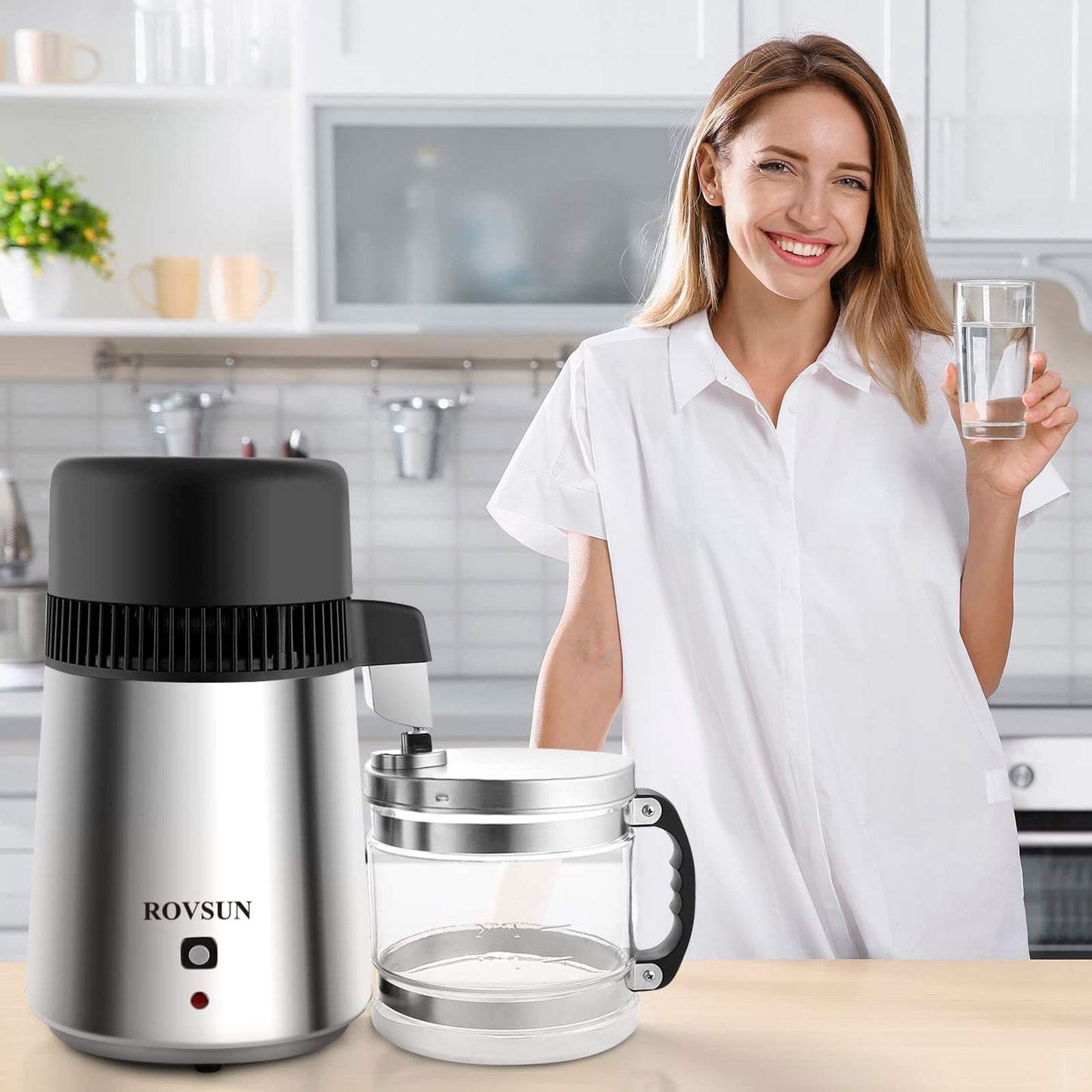ROVSUN【Upgraded】 1.1 Gallon/4L Water Distiller Stainless Steel for Home, 750W Distilled Water Maker Machine, Water Distillers Countertop, Water Maker Purifier with Glass Container, 1L/H