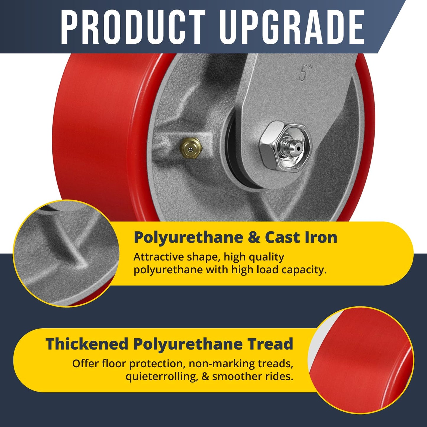 HANDSAMMU 5" X 2" Heavy Duty Casters- Industrial Casters, Polyurethane Casters Wheels, Capacity up to 4000 Lb. Use for Platform Truck, U-Boat Cart,Workbenches (4 Brake)