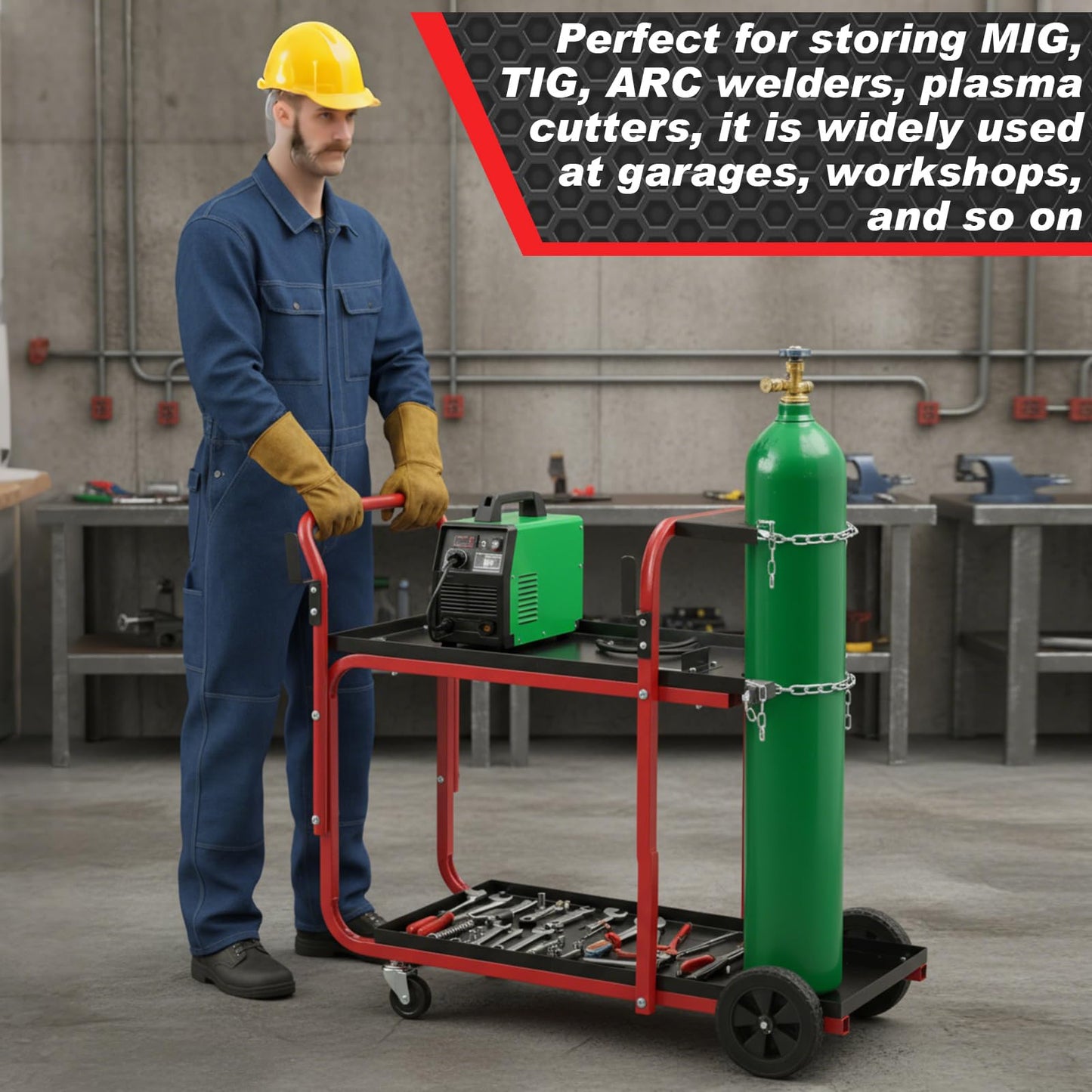 BBTO Welding Cart 2-Tier Welder Cart Heavy Duty 440 Lbs with Tank Safety Chains Welding Equipment Accessories for Tig Arc MMA Plasma Cutter Machine (Classic Style, 39 × 18 × 43 Inch, Black and Red)