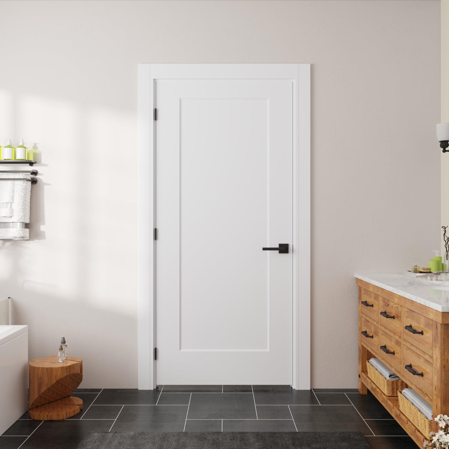 JUBEST 36"x80" Right-Hand Prehung Interior Door with Knock Down Jamb Kit & Matte Black Hinges, 1-Panel White Primed Hollow Core Molded Door Slab with Bore & Hinge Cutout, Durable & Sturdy, No Handle