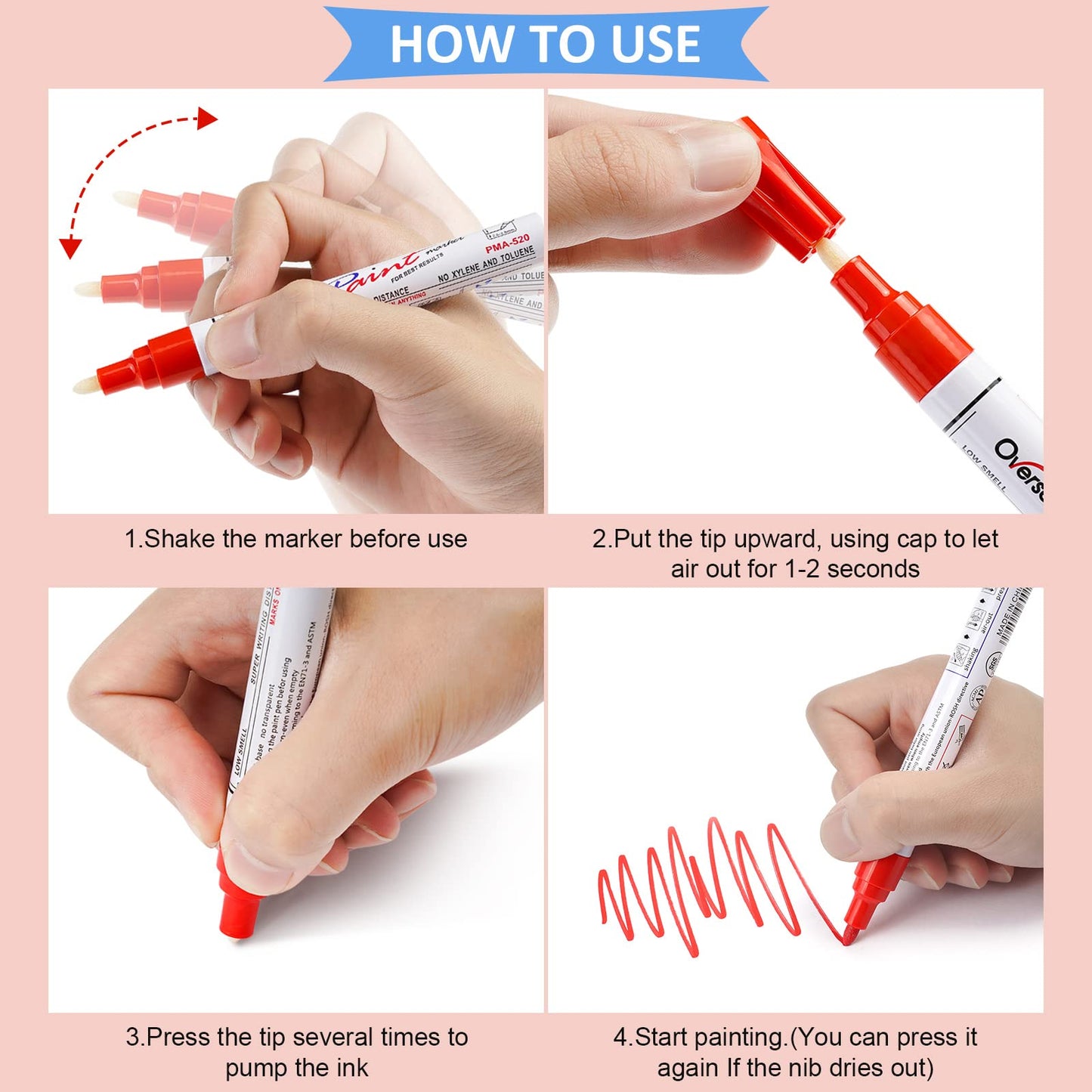 Overseas Red Paint Pens Permanent Markers 24 Pcs, Oil Based Paint Markers Set, Quick Drying, Waterproof, Medium Tip Marker Pens for Metal, Rock, Wood, Plastic, Canvas, Glass, Stone, Rubber, Paper