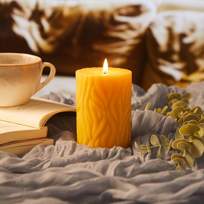 Crenovo Natural Beeswax Pillar Candles 3 Pack, 100% Pure Beeswax Candles Bulk with 84 Hours Burn Time, Organic Bees Wax Candles for Home, Party, Prayer, Non-Toxic Dripless Smokeless 2x3 Inch