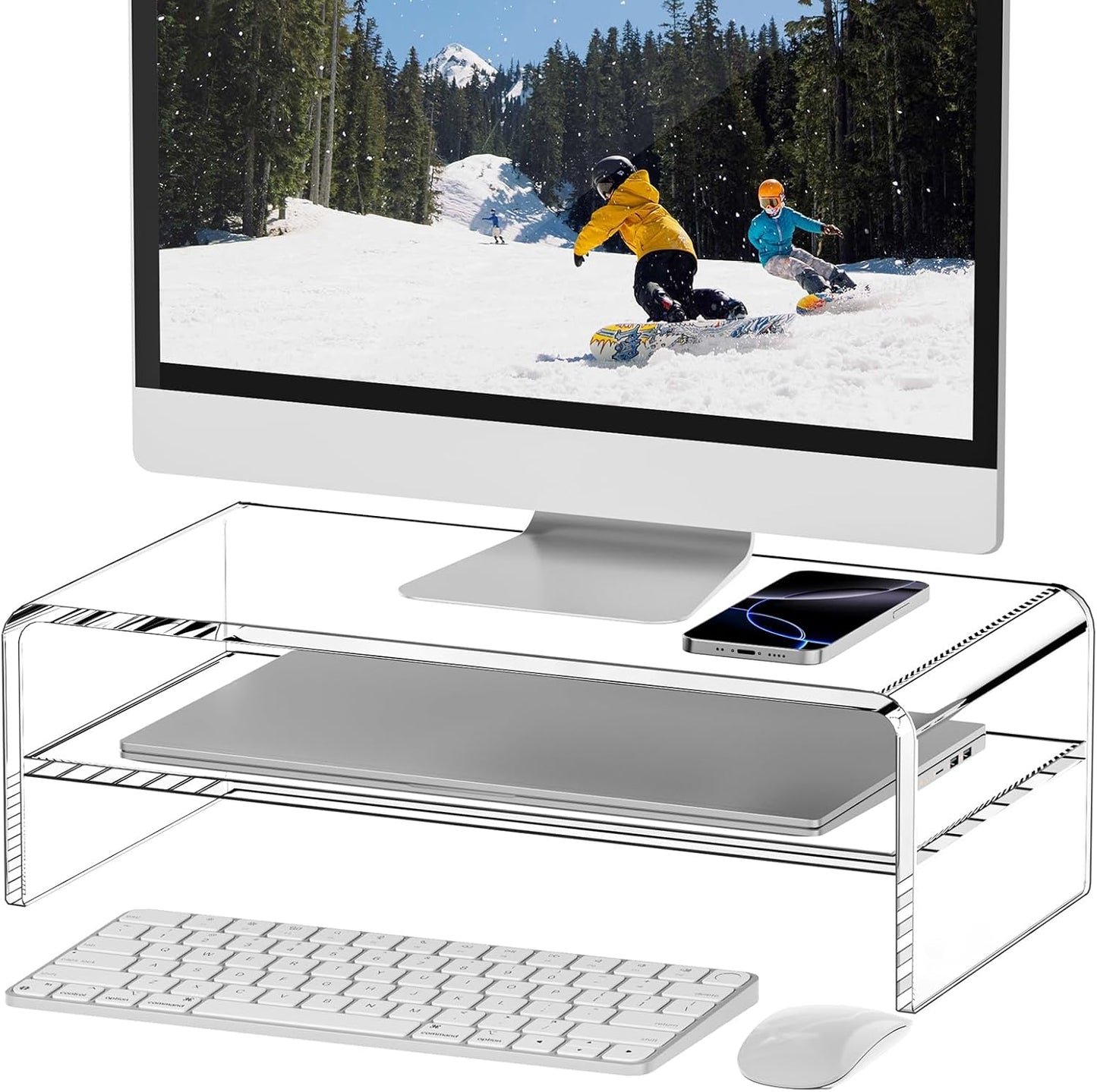 2 5.12 Inches Egchi Clear Acrylic Monitor Stand Riser Tier, High Clear Computer Desk Organizer Shelf for Multi Media PC