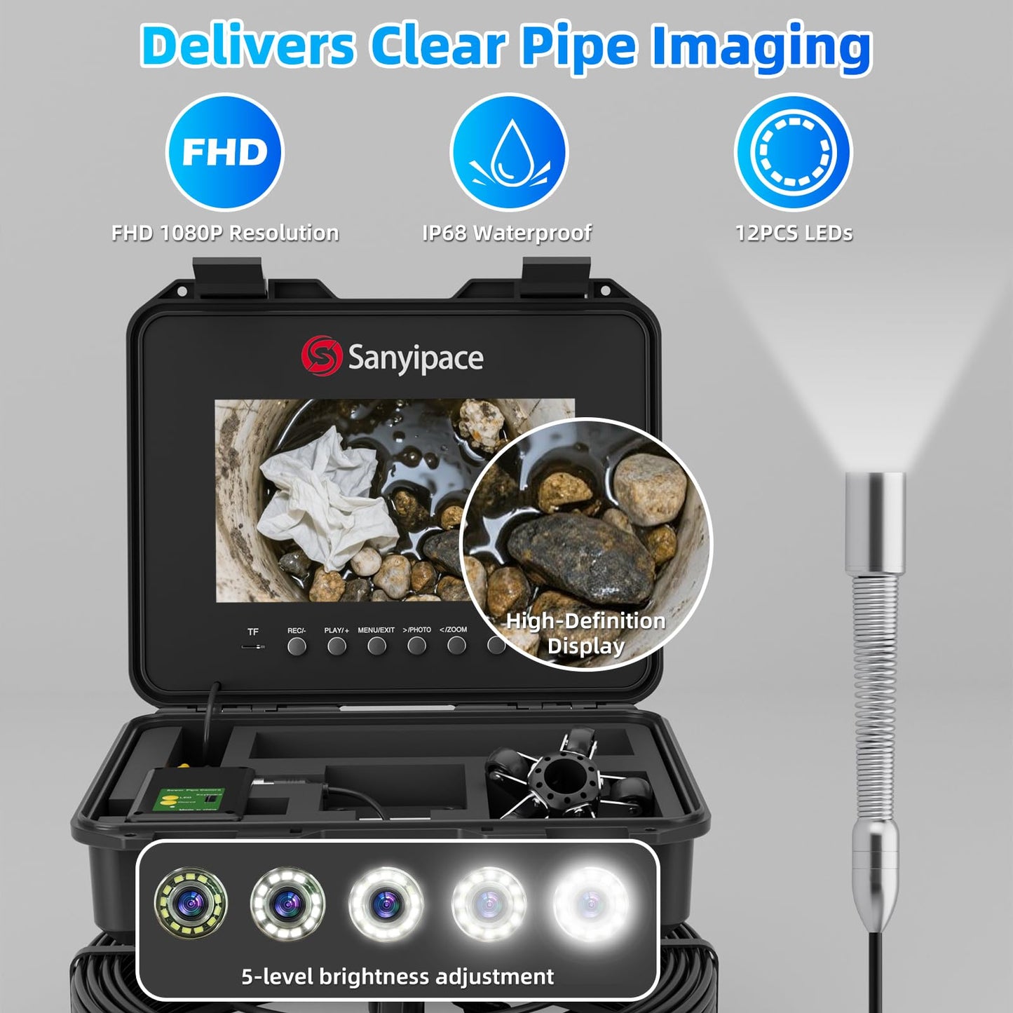 Sanyipace Sewer Inspection Camera, 328FT/100M Drain Camera with Locator, 7MM Stiffer Cable, Self-Leveling, 512Hz Transmitter, 10.1" Screen Pipe Camera, 32GB Card, Distance Counter