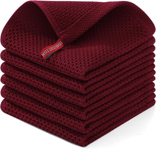 Homaxy Kitchen Dish Cloths - Ultra Soft 100% Cotton Waffle Weave, Quick Drying, 12x12 Inches, 6-Pack | Burgundy