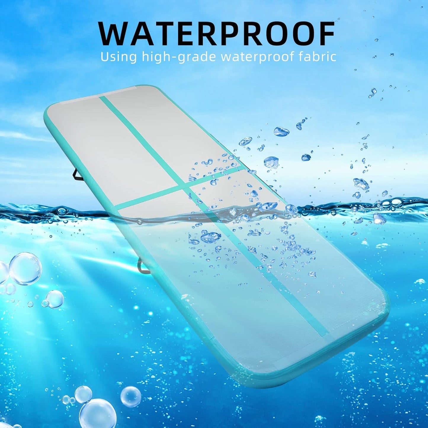Agilepeak Inflatable Gymnastics Tumbling Mat, 4/8 Inch Thick 10/13/16/20/23FT Training Mat with Electric Air Pump, Non-Slip Waterproof PVC for Home Gym Outdoor Cheerleading Yoga Taekwondo (Mint Green, 10ft*3.3ft*4in(3*1*0.1M))