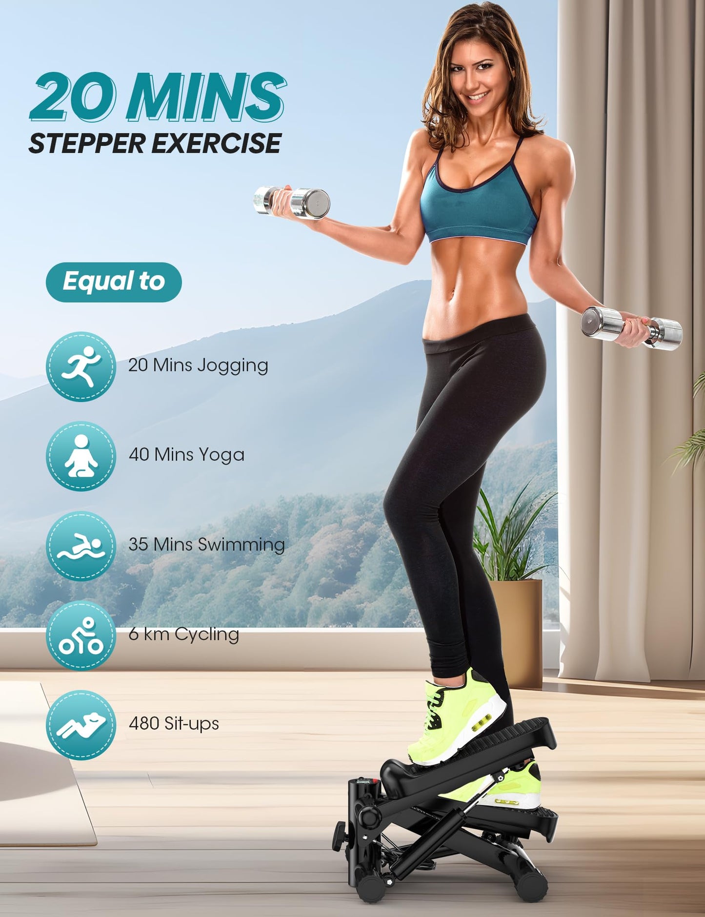 Steppers for Exercise at Home, Mini Stepper with Resistance Bands, Portable Stair Stepper 330LBS Weight Capacity, Adjustable Height Stepper Machine with LED Monitor for Full Body Workout