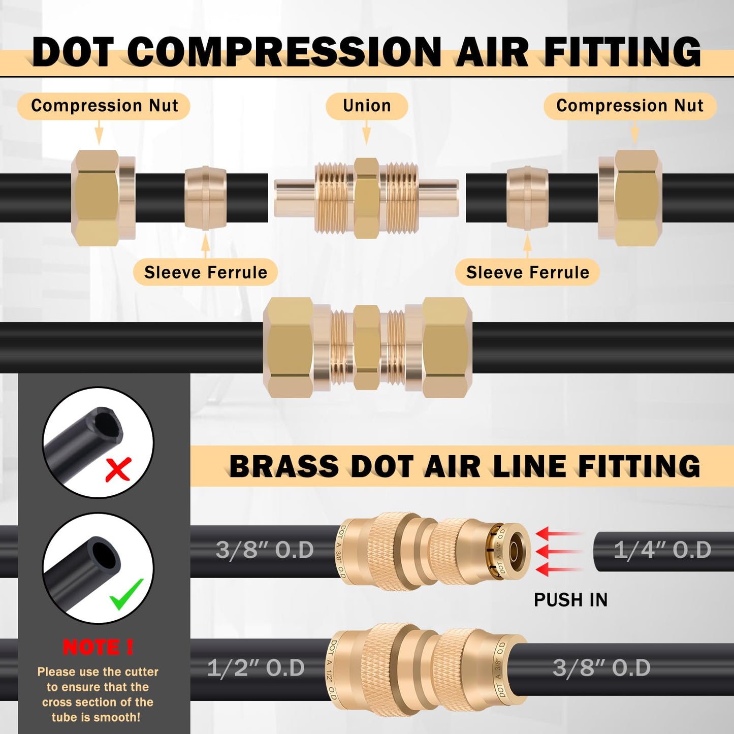 CheeMuii 100 PCS Brass DOT Air Line Fittings with 3 Roll 50FT 1/4" 3/8" 1/2" DOT Air Lines Kit Push Lock Air Fitting Quick Connect Air Fittings with Air Hose Pneumatic Tubing