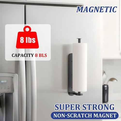 Magnetic Paper Towel Holder for Fridge-Great Adhesive Magnetic,One Hand Operable Paper Towel Holder,No Drill Wall Mount Hanging for Garage RV Kitchen (Black)