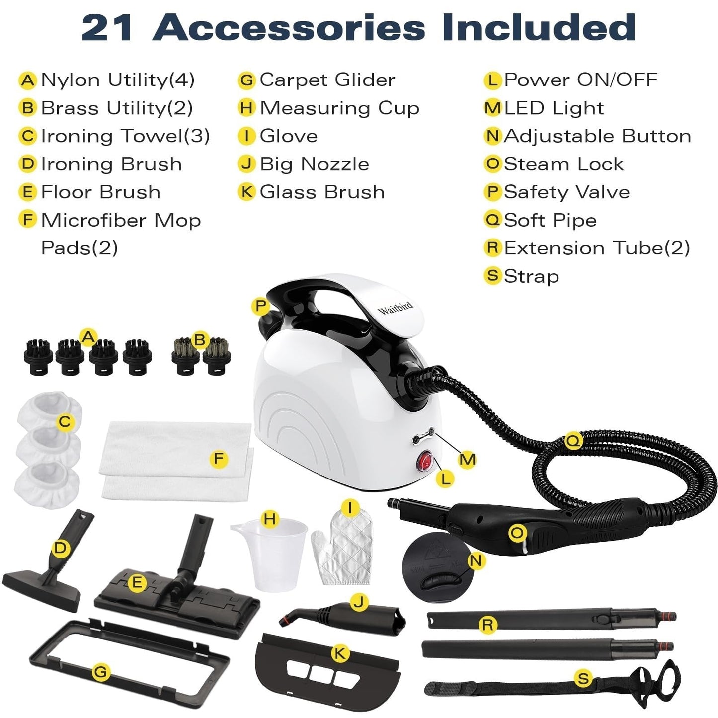 Waitbird Steam Cleaner, Handheld Steamer For Cleaning With 21 Accessories, 248 °F High Temperature, Suitable for Floor, Tile, Window