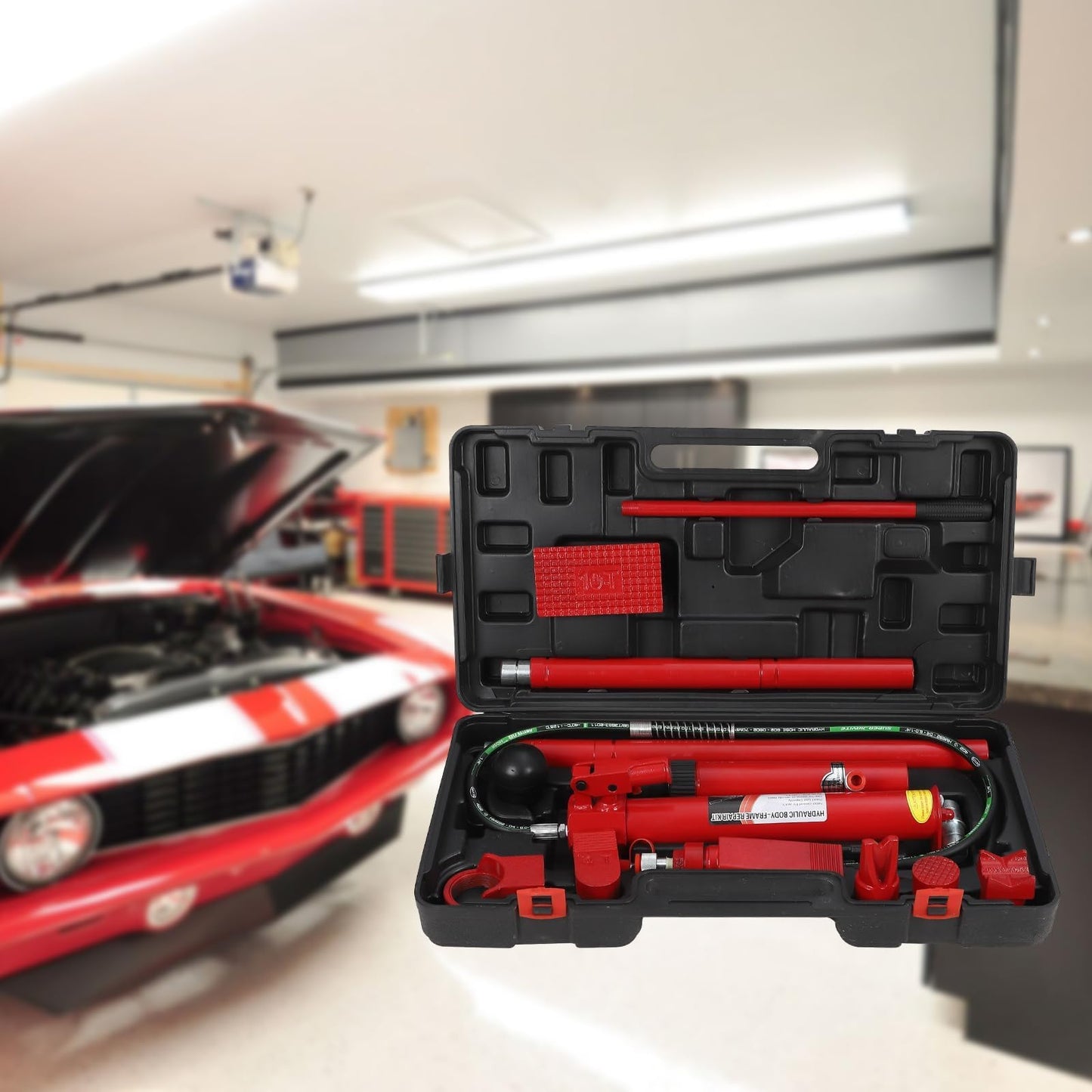 10-Ton Hydraulic Porta Power Kit with Heavy Duty Ram, Secure Transport Case, Frame Repair and Lifting Tool for Auto Shop and Construction