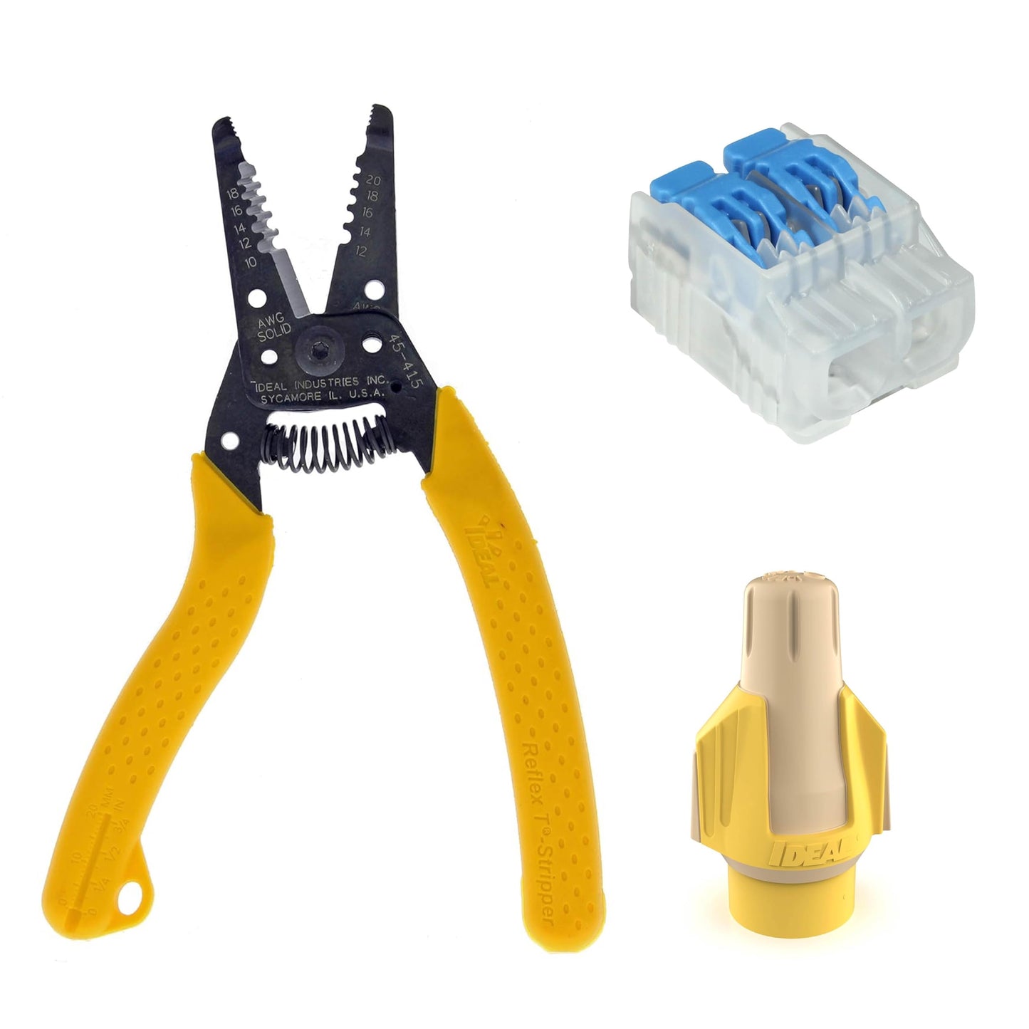 IDEAL Electrical Reflex Super T Wire Stripper (45-655), In-Sure Lever Wire Connector Box of 150 (30-10L22), Twister ProFLEX PLUS Jar of 500 Tan/Yellow (30-1345J)