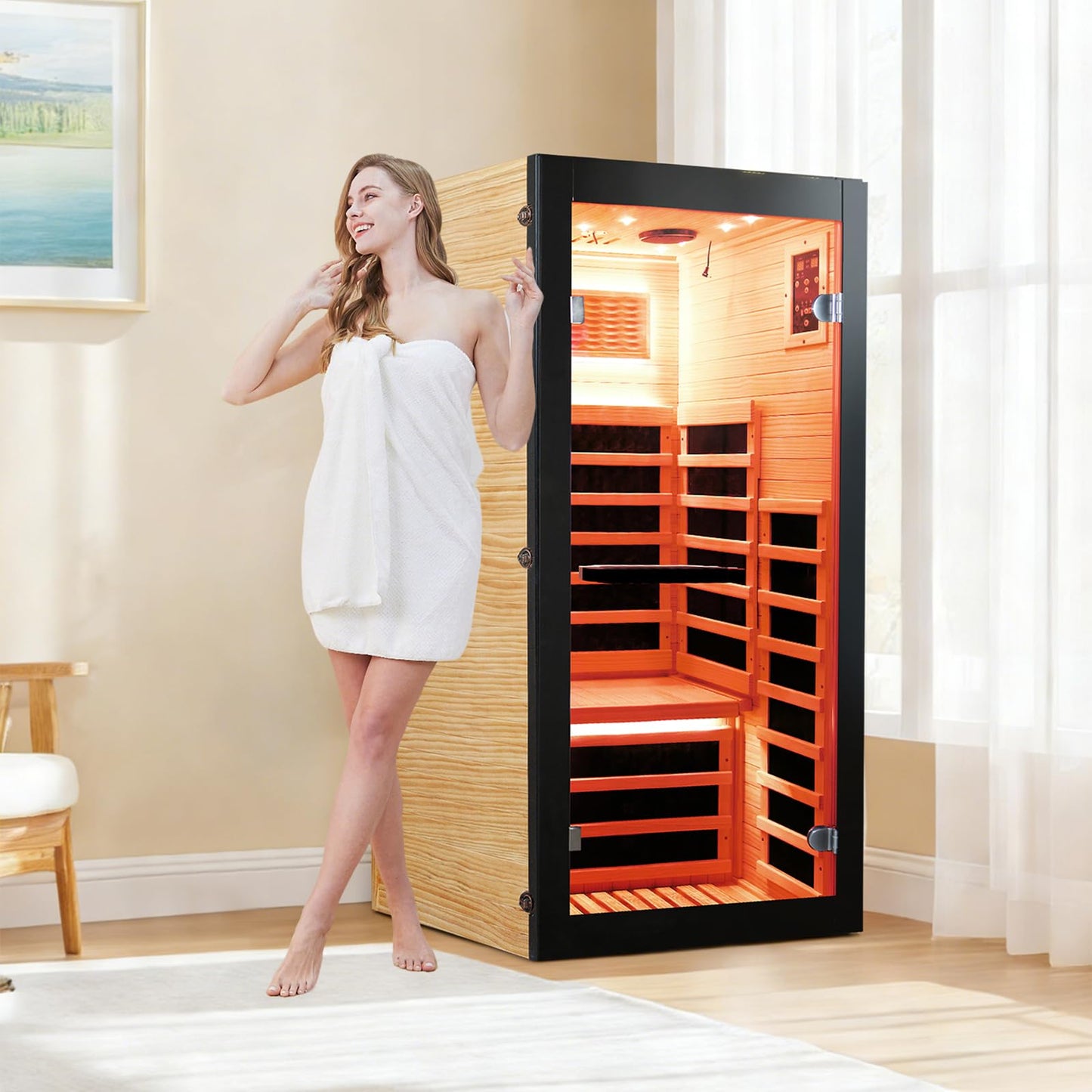 OUTEXER Sauna One Person Infrared Saunas Room Chilean Pine Wood 1050W Dry Saunas Spa with 7 Color Starry Sky Light Oxygen Bar Cup Holder 30.7x30.7x62.2inch