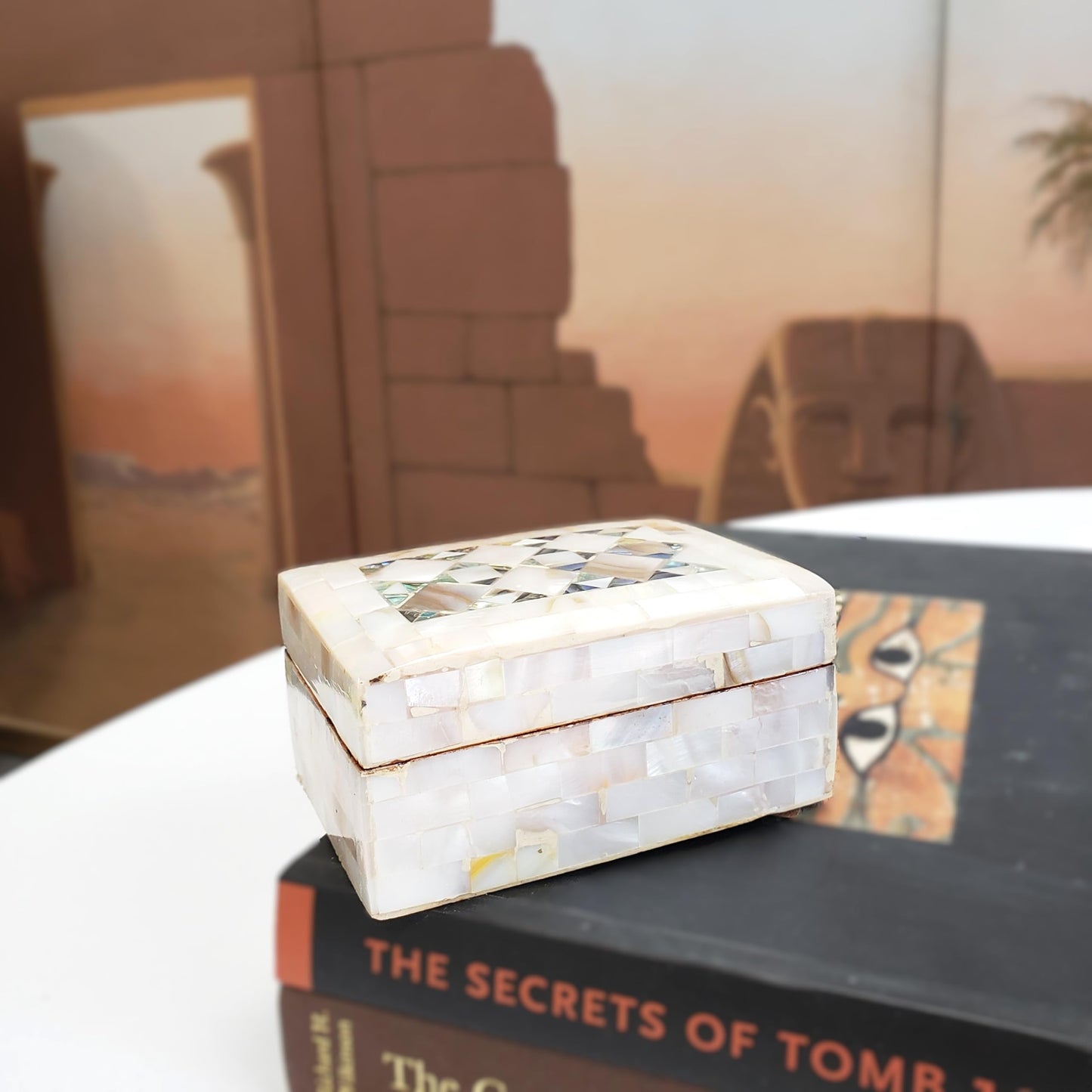 Egyptian Wooden Jewelry Box with Mother of Pearl Inlaid - White Rectangle Unique Gift Container - Arabesque Pattern Design - Velvet Lined - Made in Egypt
