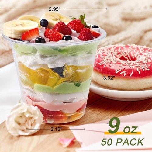 Clawsoff 50 Pack 9 oz Disposable Clear Plastic Parfait Cups with Flat Lids, Yogurt Parfait, Putting Cups for Cake, Cold Drink, Ice Cream, Fruit, Salad