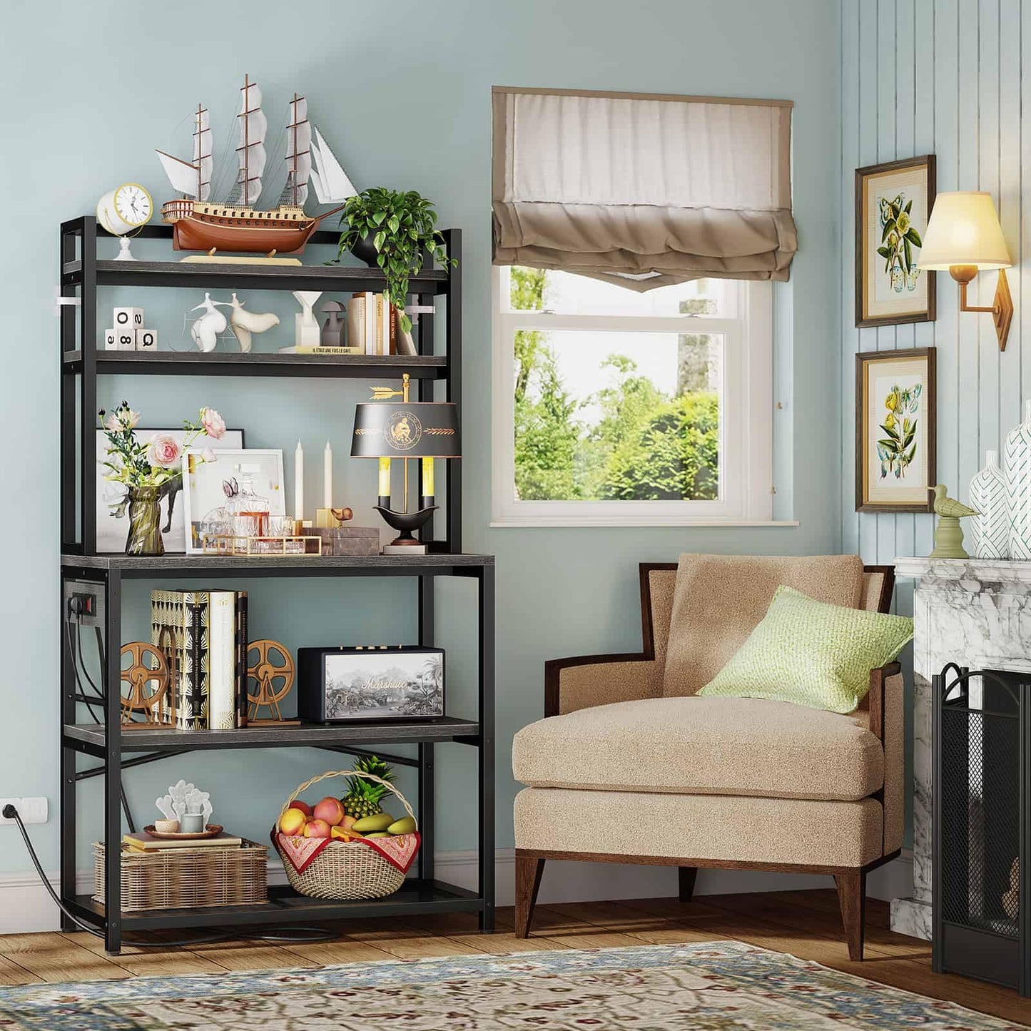 Denkee Large Bakers Rack with Power Outlets, 38 Inch Microwave Stand with Storage, 5-Tier Coffee Bar Stand, Industrial Kitchen Shelf Rack, Grey
