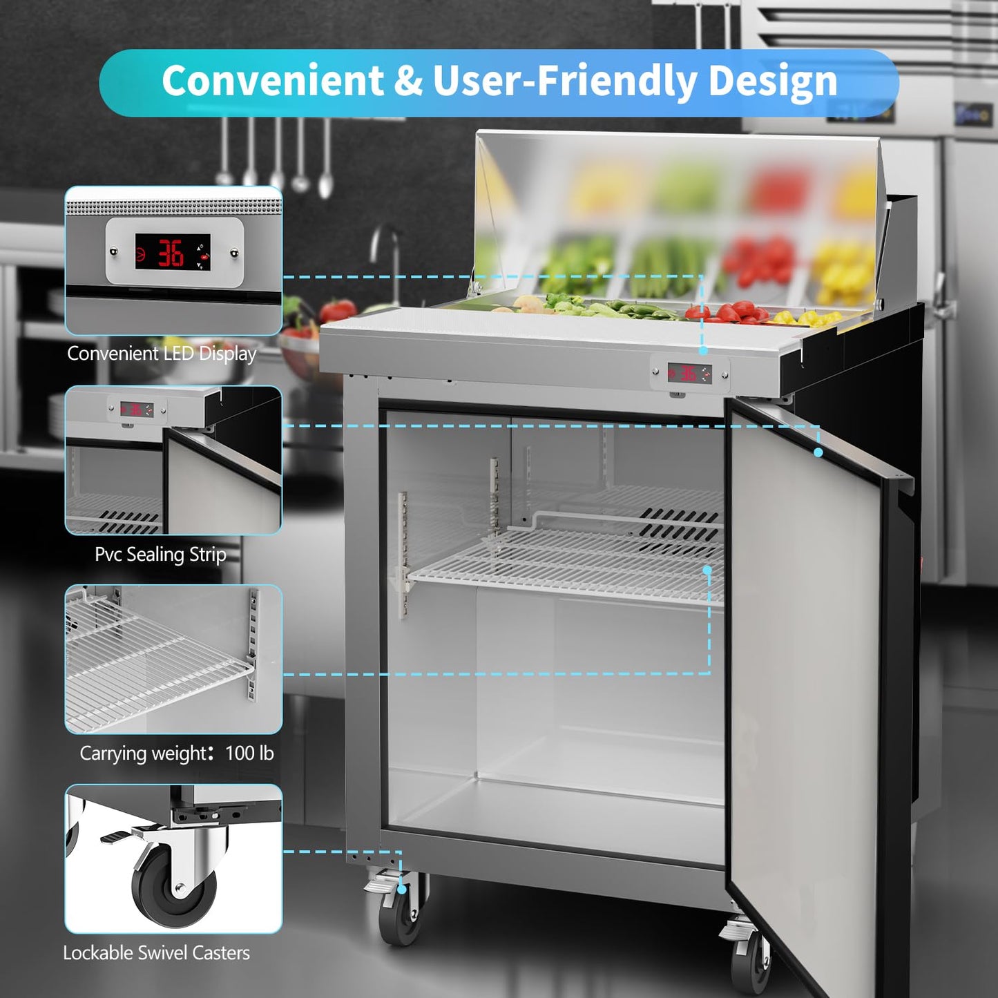 ECEVT 29" W Commercial Refrigerator Sandwich Salad Prep Table Refrigerator Stainless Steel with 8 Pans, Kitchen Equipment for Restaurant, Bar, Shop, Buffet, etc, ETL/NSF/DOE Approved