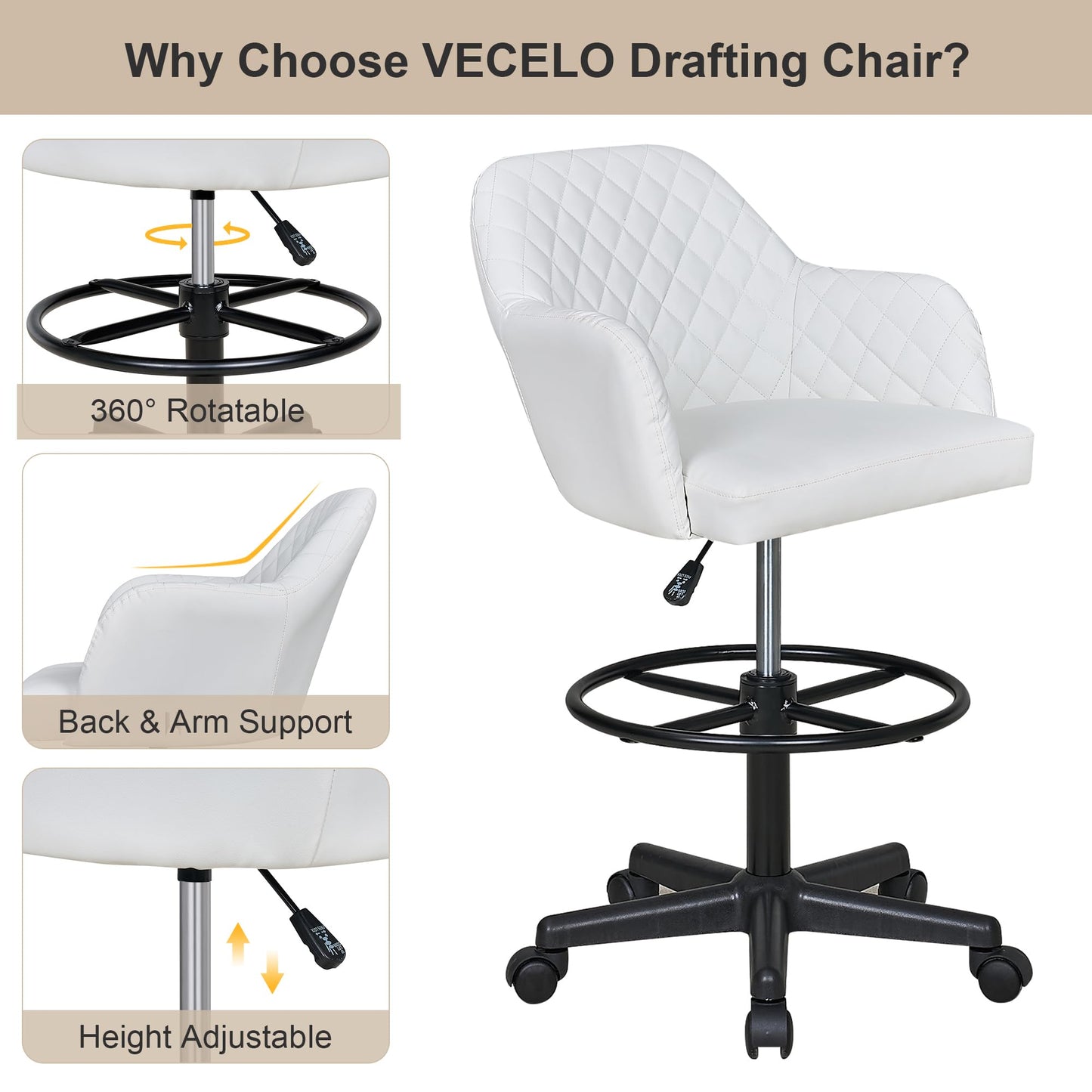 VECELO PU Leather Drafting Chair with Low Back and Footrest Ring, Height Adjustable, Swivel Rolling Wheels, for Drawing/Standing Desk/Office, White