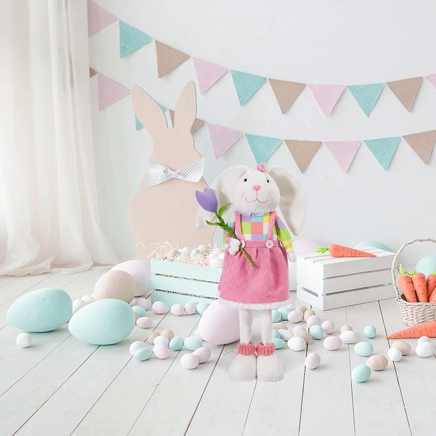 Skiennix Standing Easter Bunny Decor - Plush Gnome Figurine with Stretchable Legs | Cute Pink Spring Decoration for Home & Office