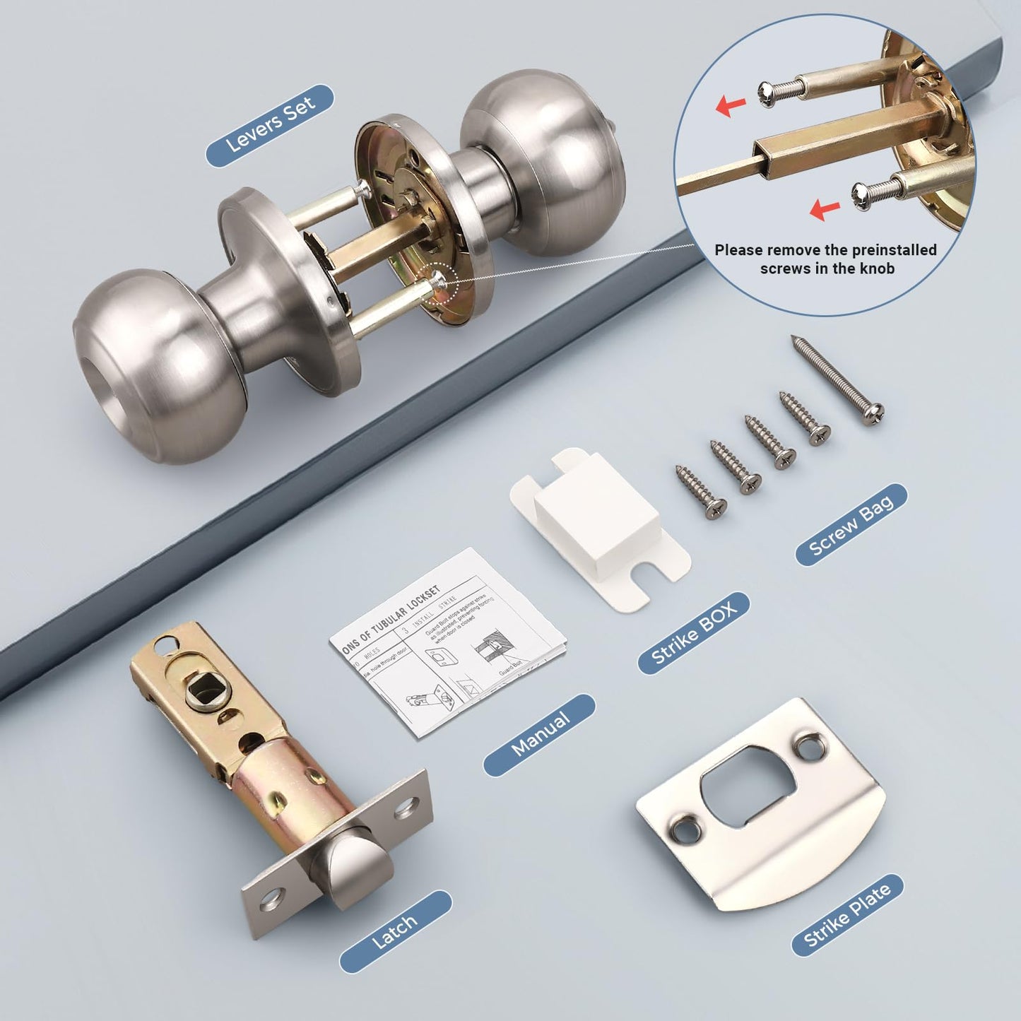 KNOBWELL Privacy Door Knob with Lock in Brushed Nickel Finish for Bedroom and Bathroom, Indoor Security Door Handle with Privacy Lock, Satin Nickel Interior Door Knobs