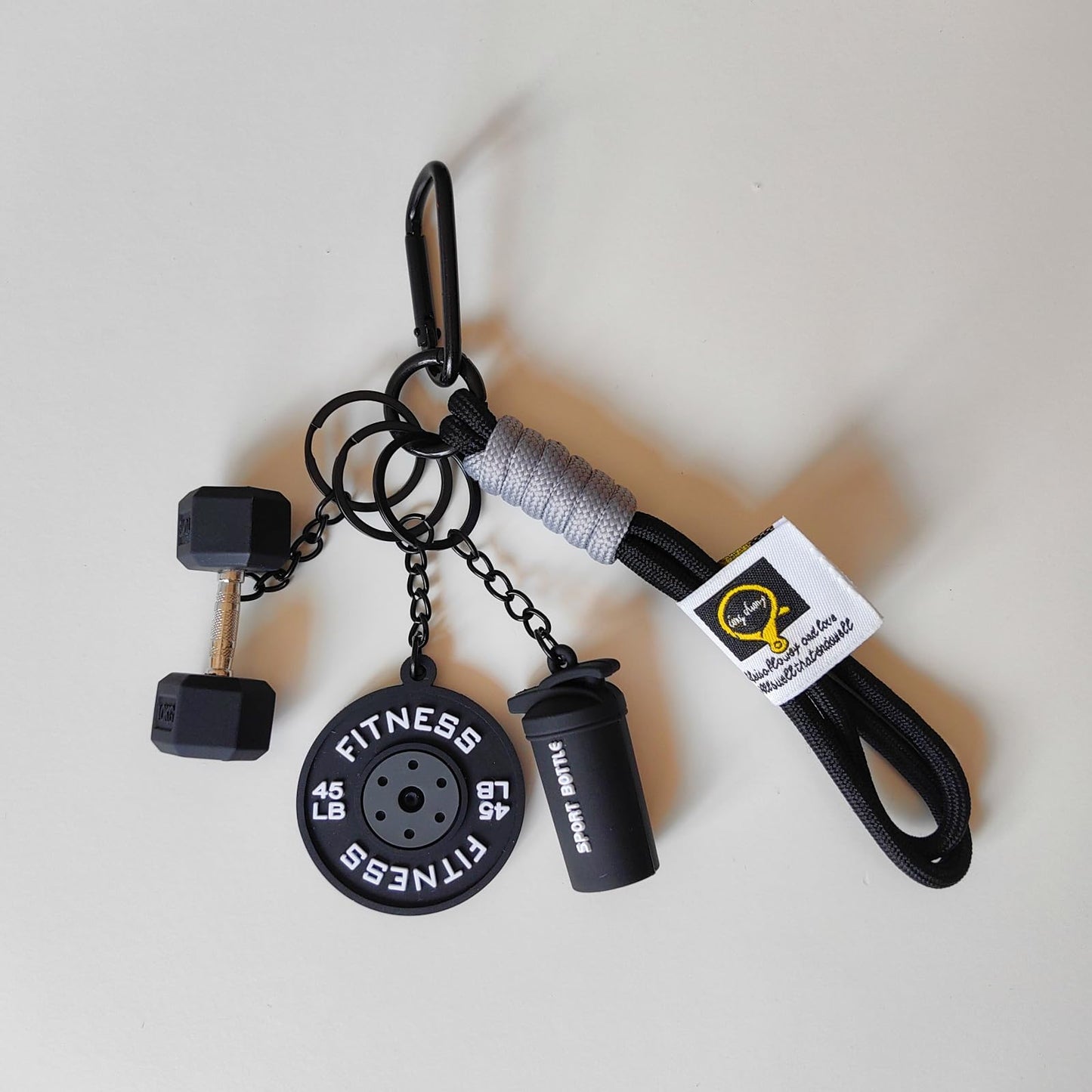 HeriNova Black Dumbbell and Weights Keychain for Gym Lovers, Fitness Themed Bag Purse Charms & Car Key Accessory for Men and Women, Workout Gift Idea