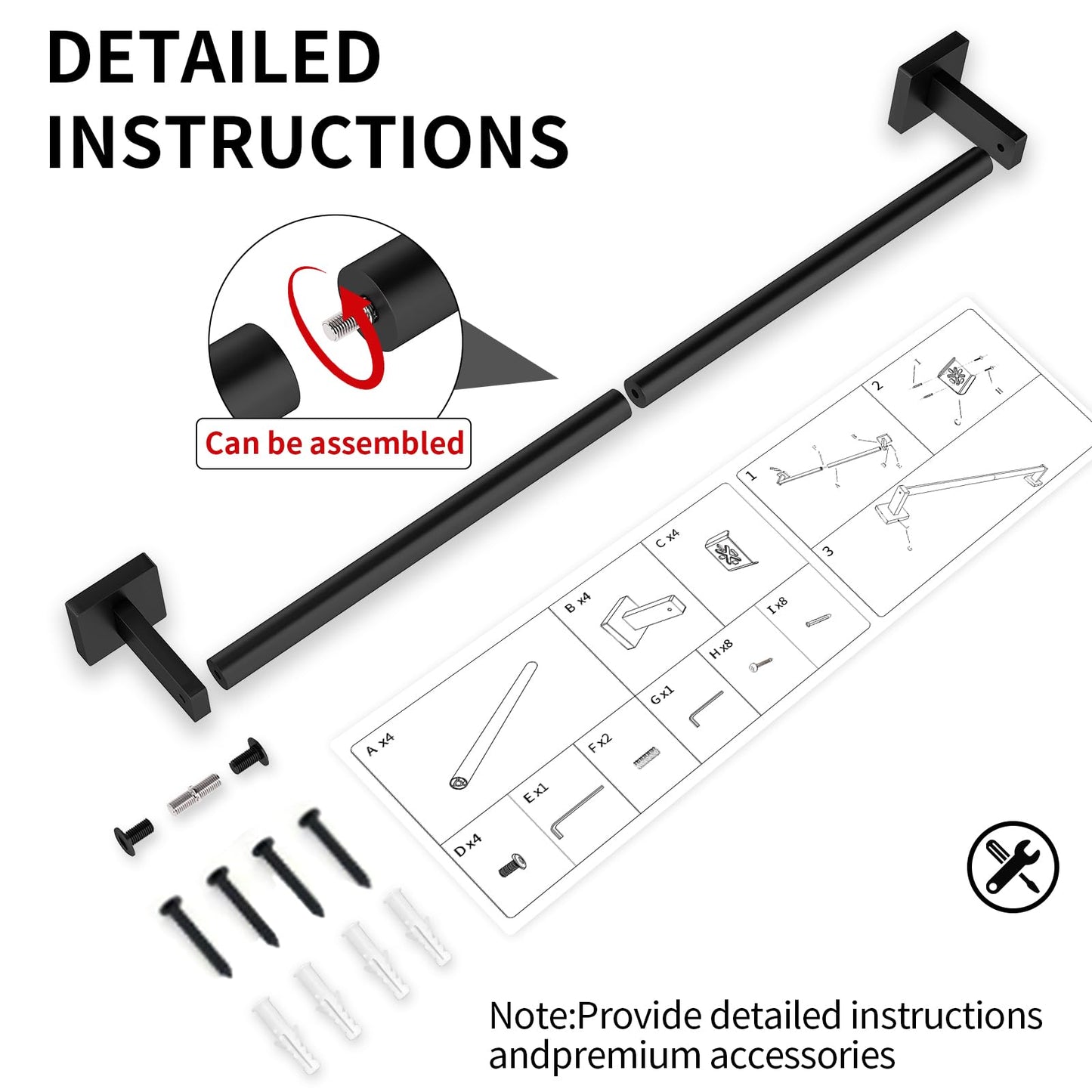MKO Towel Bar for Bathroom, 24" Hand Towel Holder Rod with Metal, Black Towel Racks for Bathroom Hanger Wall Mounted for Home Essentials, 2 Pack