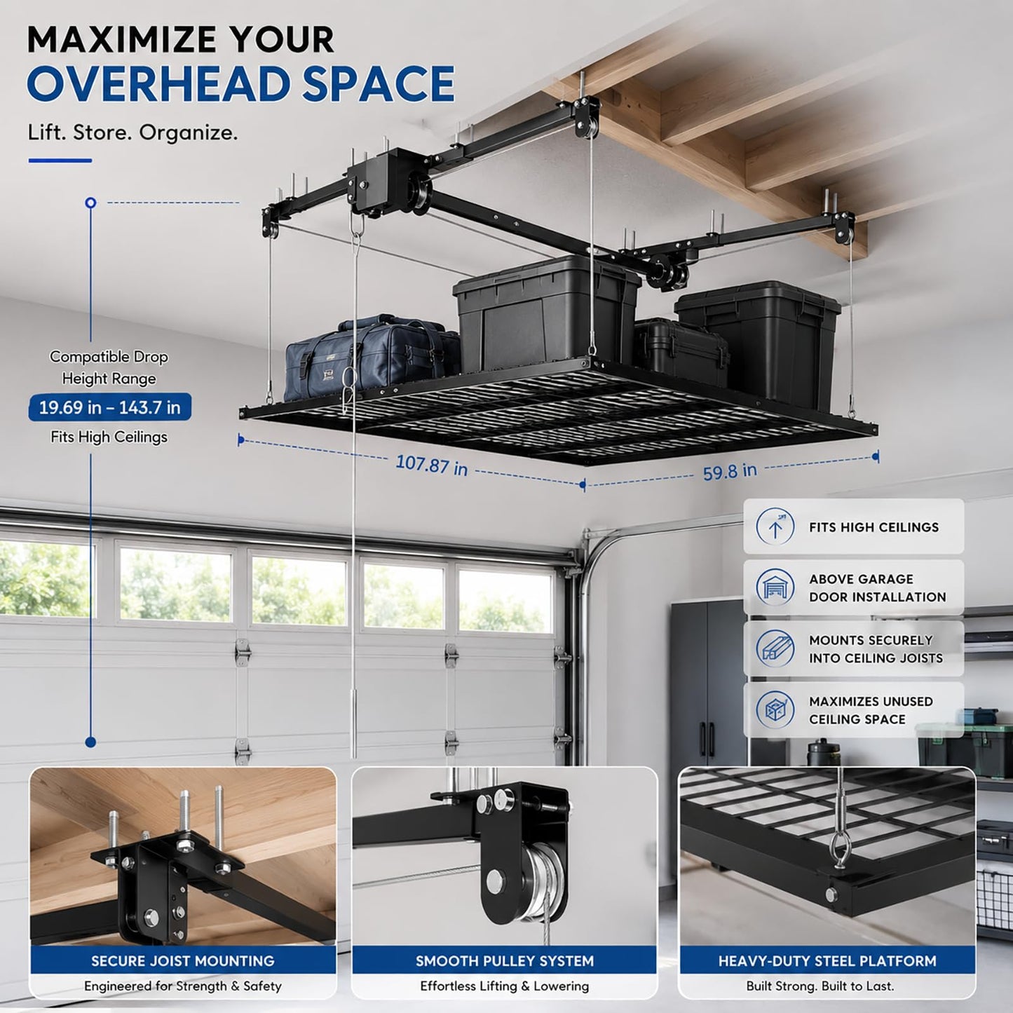 Overhead Garage Storage Rack 5x9 FT, Pull Down Garage Ceiling Storage Lift System with Drill-Operated Crank, Heavy Duty Ceiling Mounted Organizer with Safety Lock, 400 LBS Capacity