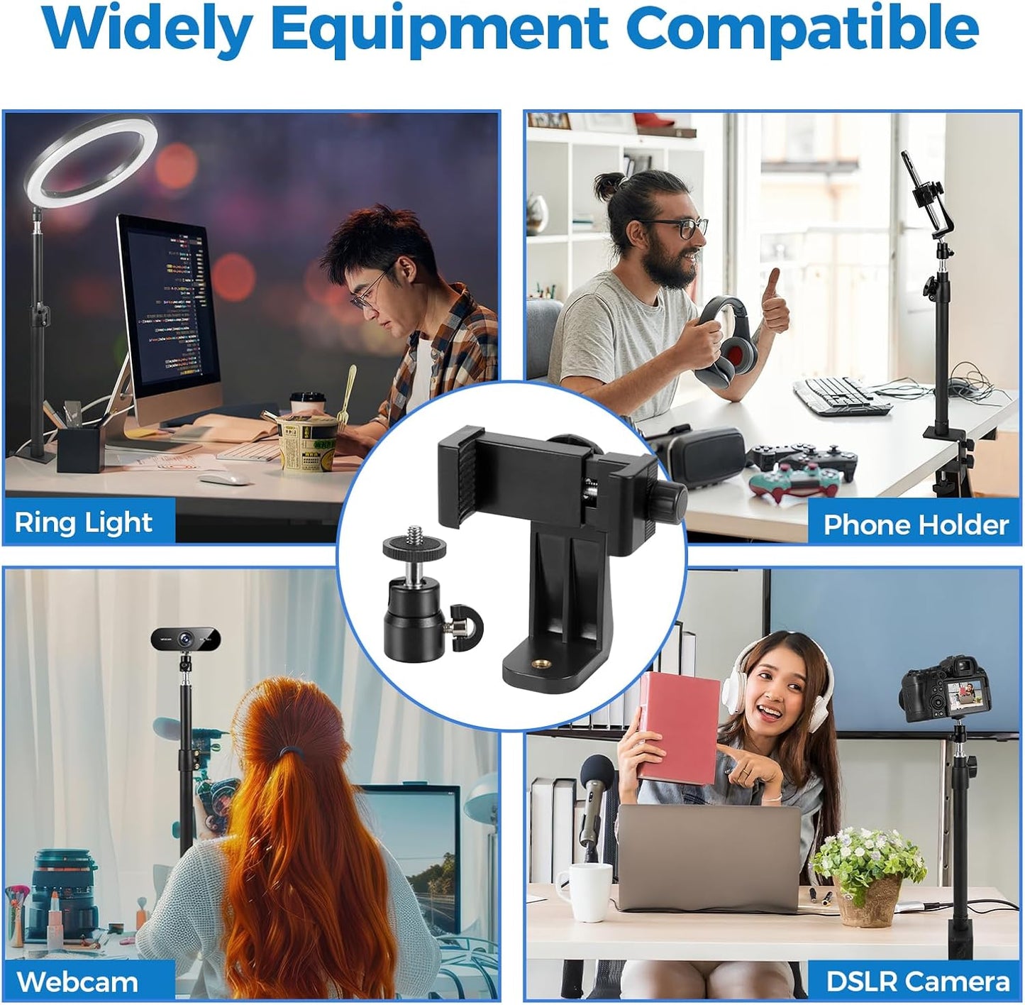 1/4" 14"-23.6" Camera Desk Mount Stand with Ball Head and Phone Holder Clip, Desktop Light Stand, Adjustable Light