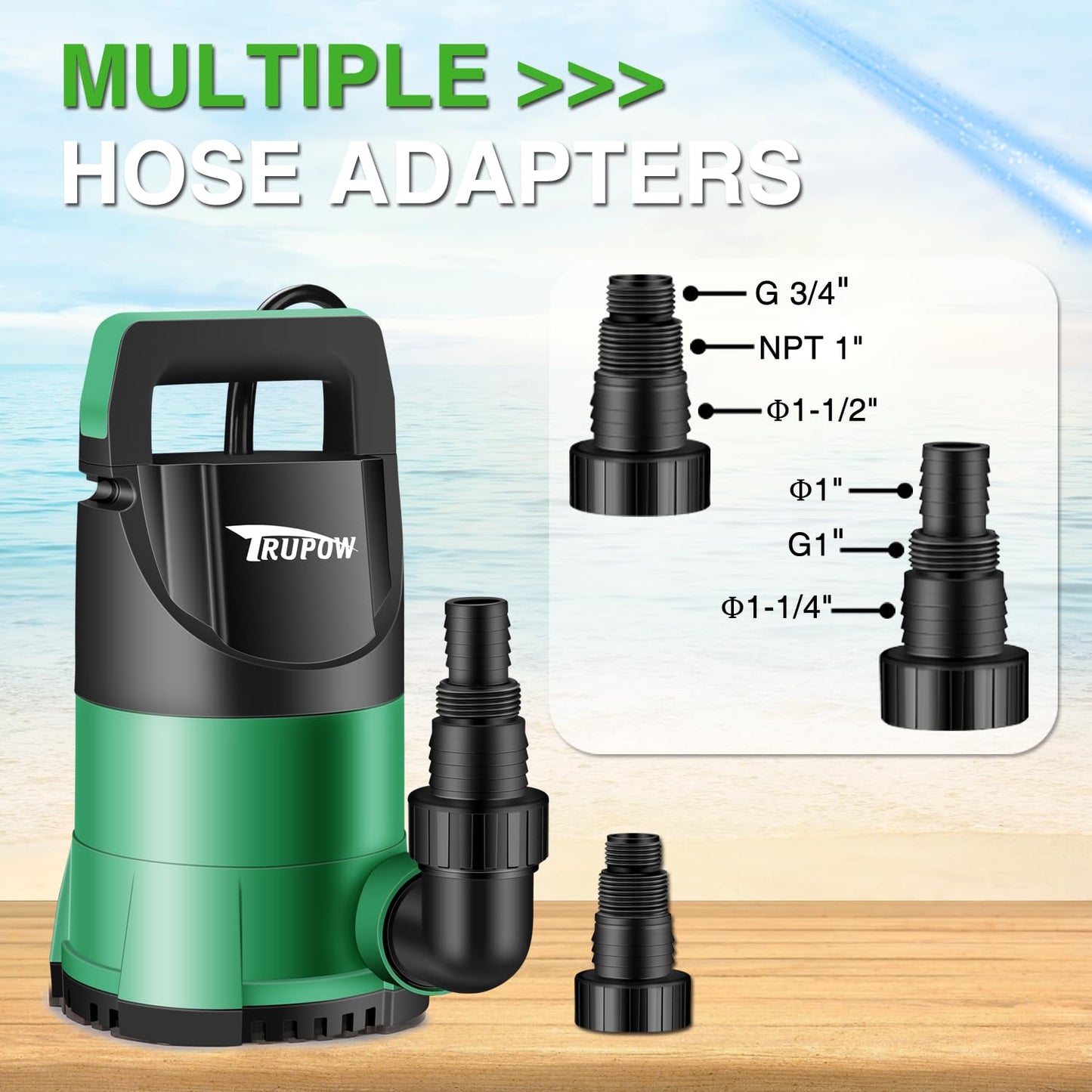 TRUPOW 1 HP Sump Pump Submersible Water Pump 3981 GPH Portable Thermoplastic Electric Utility Pump for Swimming Pool Garden Basement Tub Pond Draining Remove Water Level Down to 0.3"