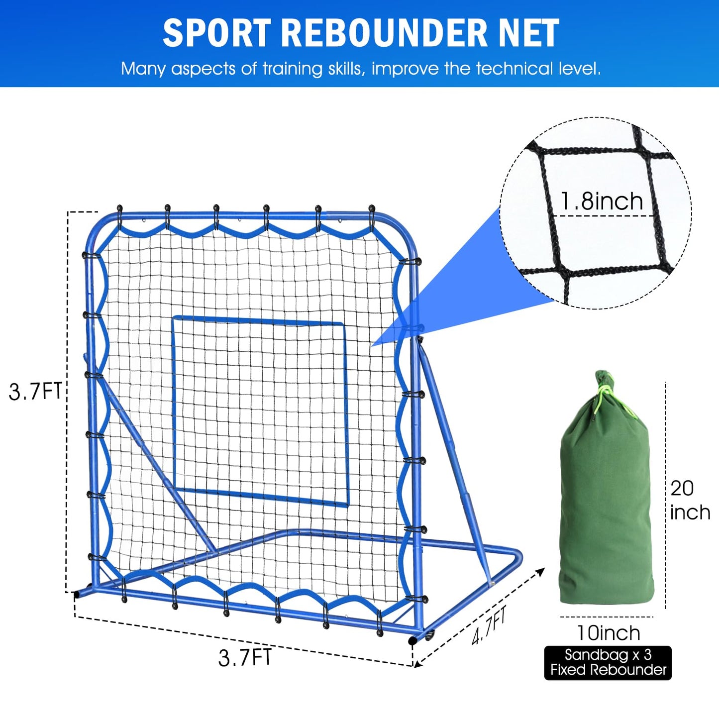4x4FT Soccer Baseball Rebounder Net, Volleyball Softball Rebound PitchBack Net Quick-Switch Angle Soccer Training for Control, Passing Practice, Lacrosse Bounce Back Rebounder Gifts Trainer Equipment