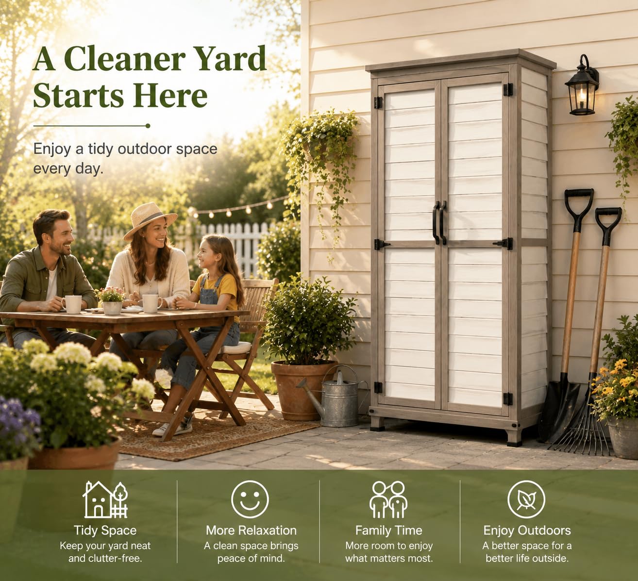 Outdoor Storage Cabinet – Store More in Less Space, Tall Vertical Garden Tool Organizer with 4 Shelves & Long Handle Storage, Weather-Resistant Patio Cabinet for Backyard, Garden, Side Yard