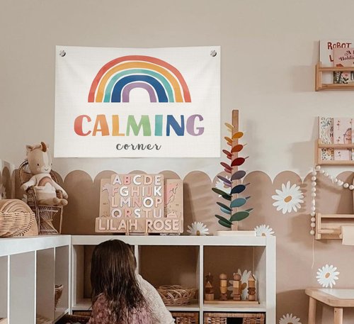 ICEWHITEY Calming Corner Wall Decor for Classroom,Calm Down Corner Supplies,Boho Classroom Rainbow Calming Corner Must Haves Canvas Banner Flags for HomeSchool Library Kindergarten Kids Room,30x20 Inch