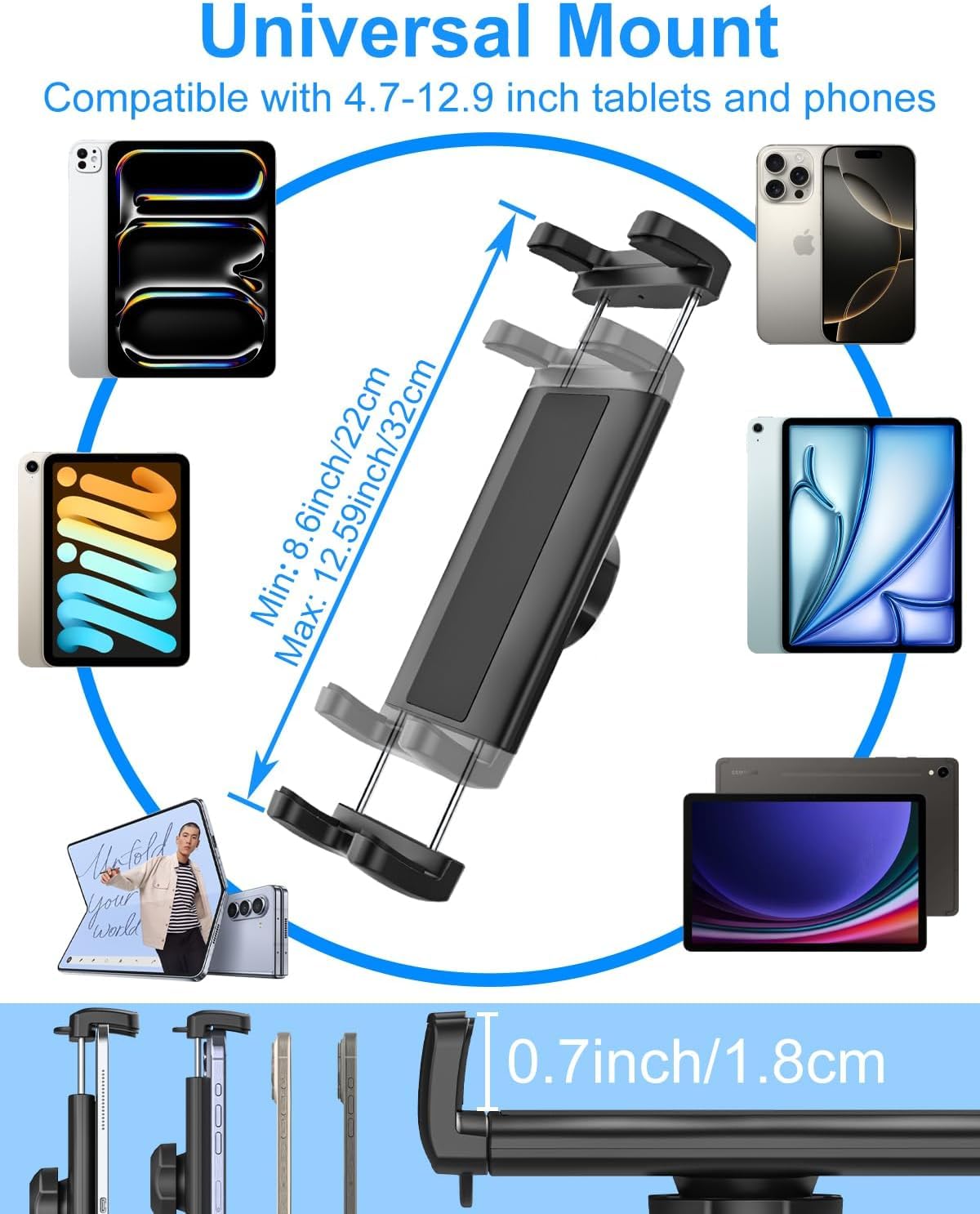 Kolasels Magnetic Tablet Holder, iPad Magnetic Mount with Adjustable Arm, Magnet Tablet Mount for Fridges/Metal Surface/Whiteboard/Gym Equipment/Iron Rack, Compatible 4.7-12.9" Tablets and Phones