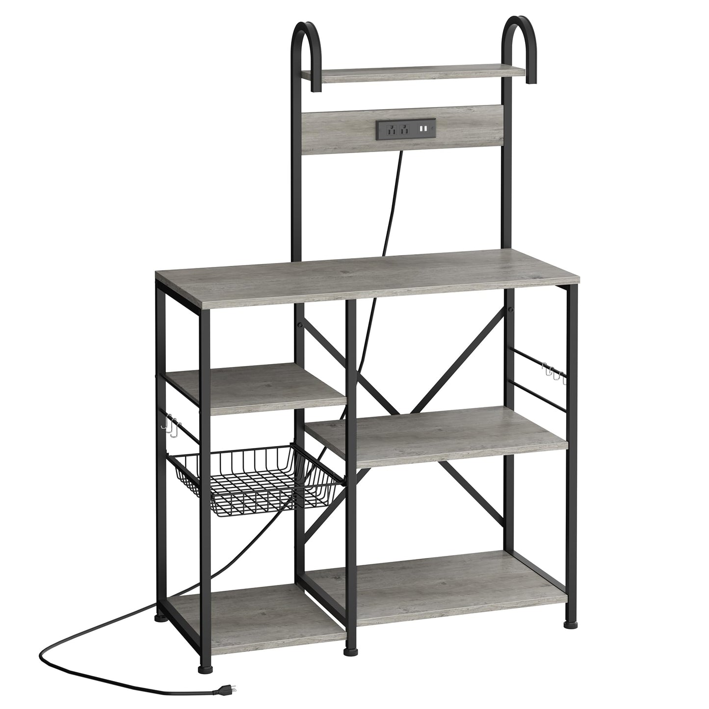 Shintenchi Kitchen Bakers Rack with Power Outlet, Multifunctional Organizer & Storage with 6 Hooks, Microwave Oven Stand, and Coffee Station Shelf, Grey