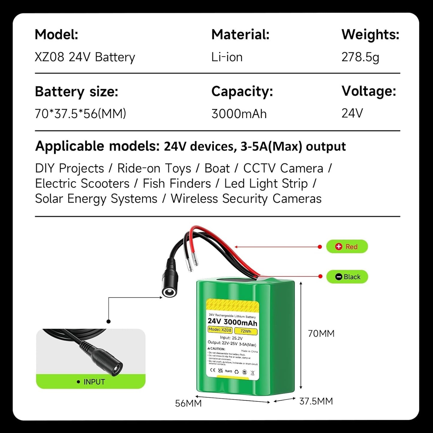 CITYORK 24V 3000mAh 24 Lithium Battery with Charger, Bare Leads, Volt Rechargeable Battery Compatible with DIY Project
