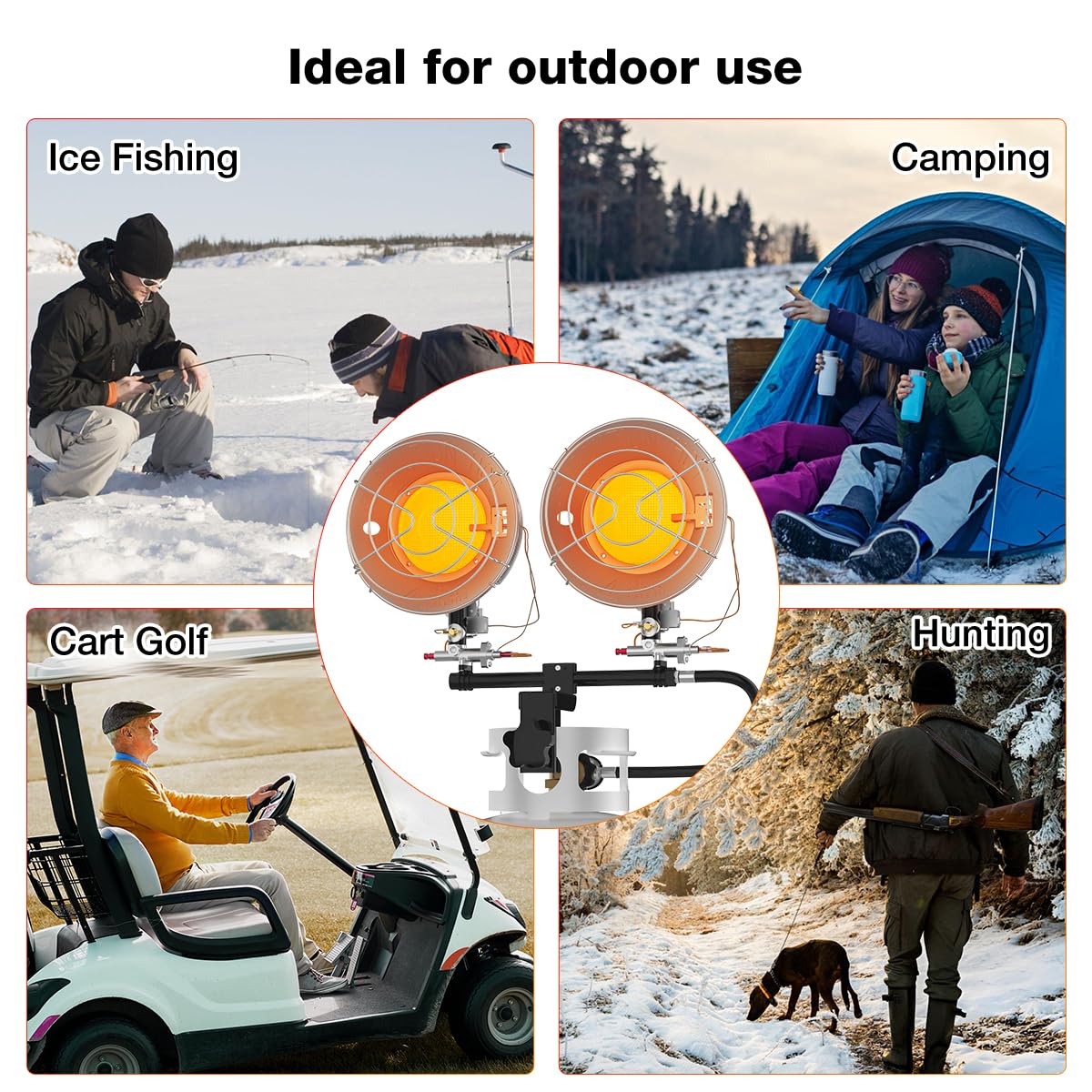 ThermoMate Propane Tank Top Heater 30000 BTU With Tip-over Protection, Portable Dual Burners With Adjustable Heat Settings for Camping, Garage, Ice Fishing, Golf Cart