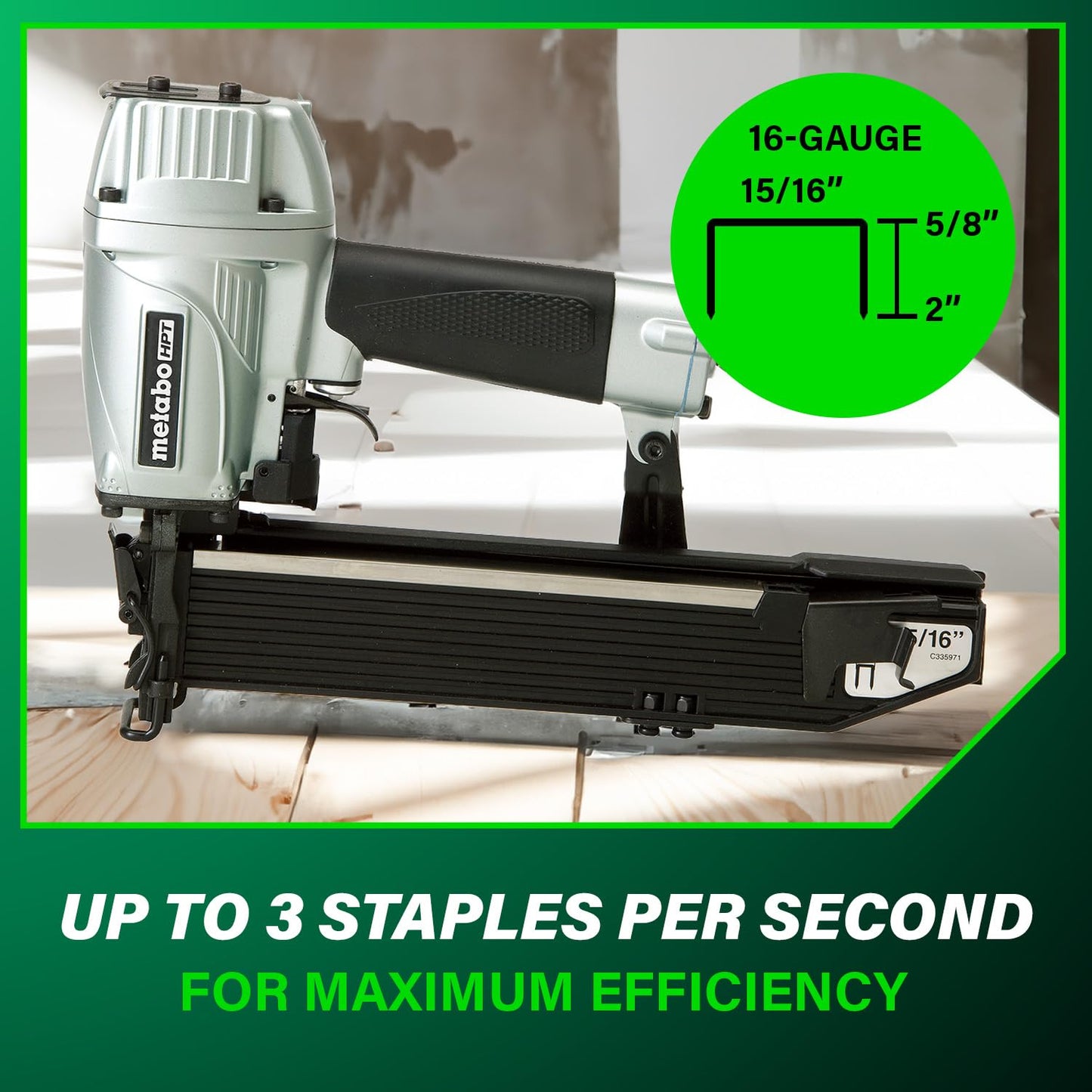 Metabo HPT 15/16 Inch Wide Crown Stapler, Pro-preferred Pneumatic Power Nailers, Fastening Tool for Wire Lathing, Housewrap, Roofing & Insulation, 16 Gauge, 5/8"to 2" Crown Staples, N5021A