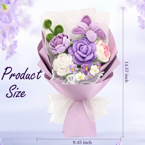 FUCAN Crochet Flowers,Finished Bouquet Crocheted Cotton Thread Flowers, Handmade Crochet Rose Tulip Fern Leaf as a Gift for Lover, Friends. Artificial Flower (Purple)