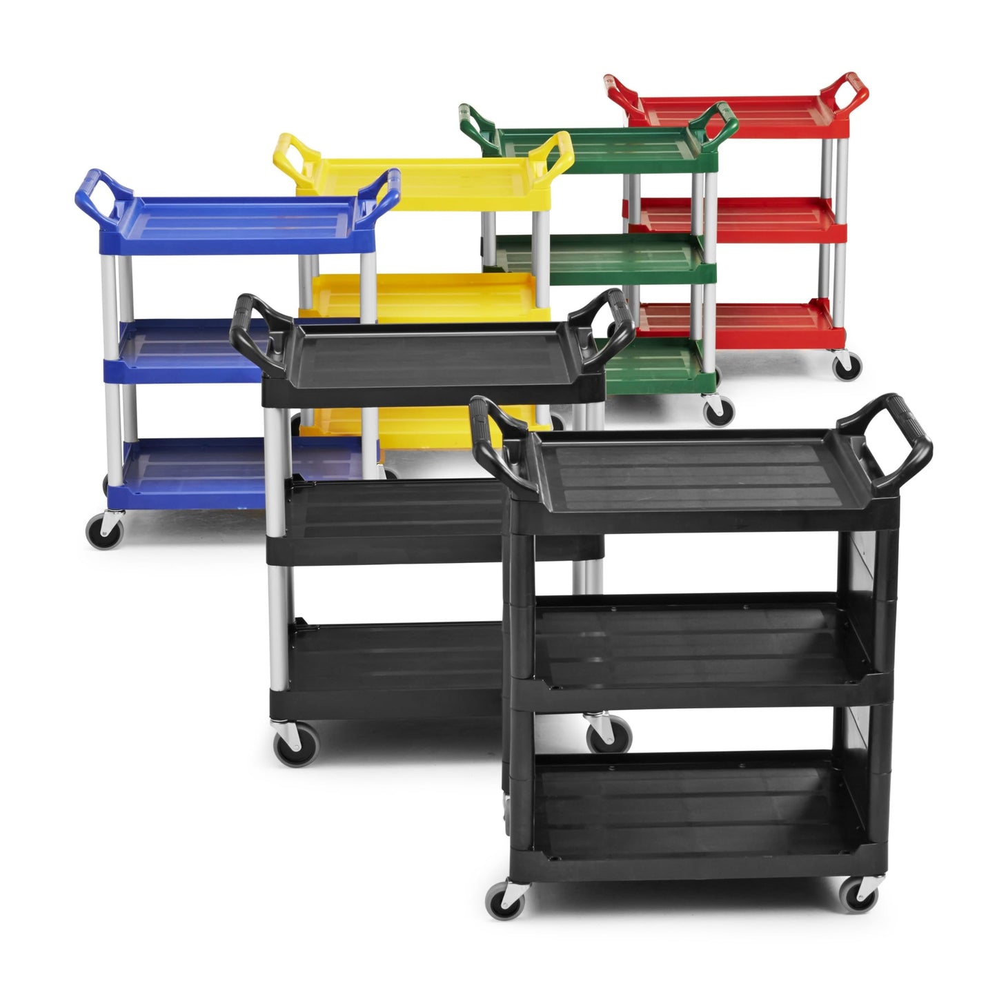 Rubbermaid Commercial Products Heavy Duty 3-Shelf Rolling Service/Utility/Push Cart, 200 lbs. Capacity, Black, for Foodservice/Restaurant/Cleaning/Warehouse/Garage