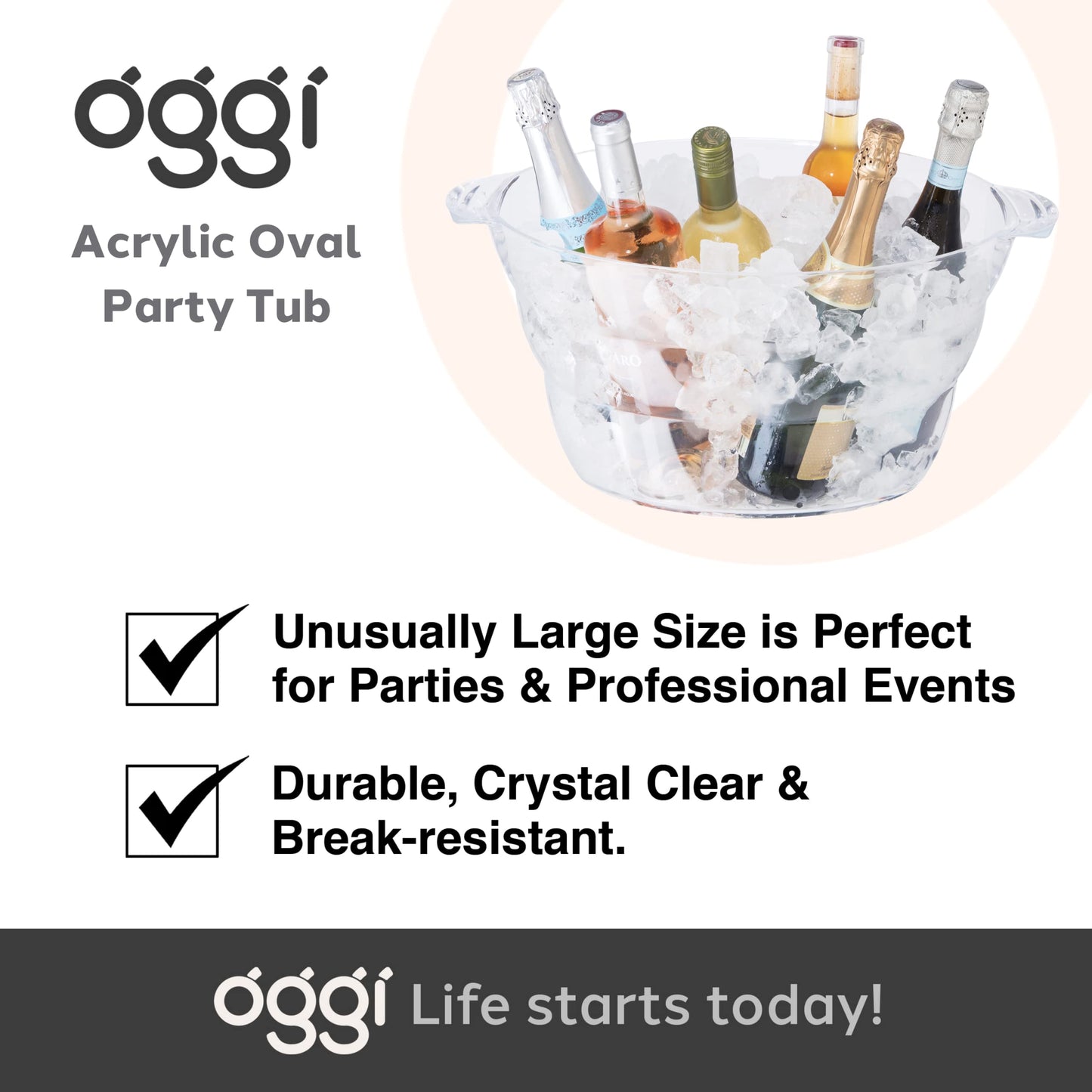 OGGI Acrylic Oval Party Tub - Clear Beverage Cooler w/Handles, Wine Cooler, Beer Chiller, Ideal Party Tubs for Drinks, Use Ice Tub for Indoor or Outdoor Bars, 18.5" x 11"