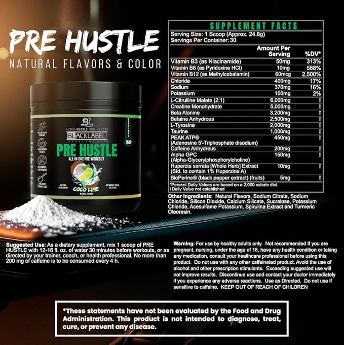 BLACKLABEL Supplements PRE Hustle V3 Pre-Workout Powder ??NSF Certified for Sport ??Energy, Strength & Endurance Support ??Coconut Lime Flavor ??with Creatine & Caffeine ??30 Servings