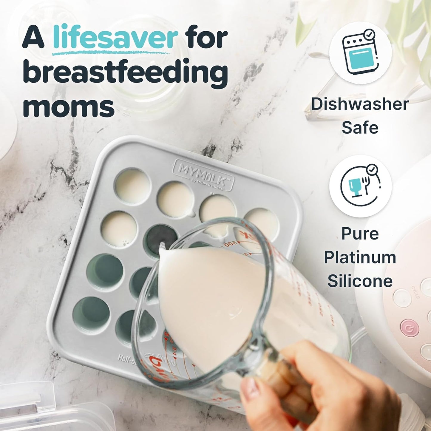 Souper Cubes MyMilk Silicone Breast Milk Freezer Trays - 1/2 oz. Capacity, Food-Grade Platinum Silicone - Gray, 2-Pack